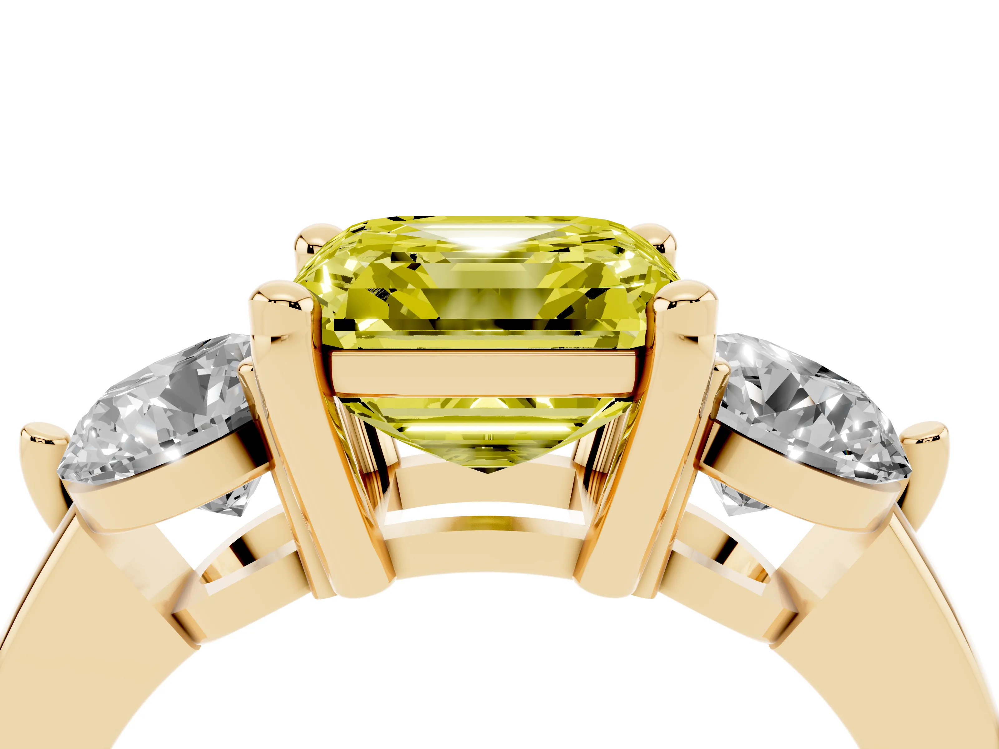 Fancy Yellow Asscher Cut Diamond Three-Stone Ring Set in Yellow gold with Prong Setting and Classic Band