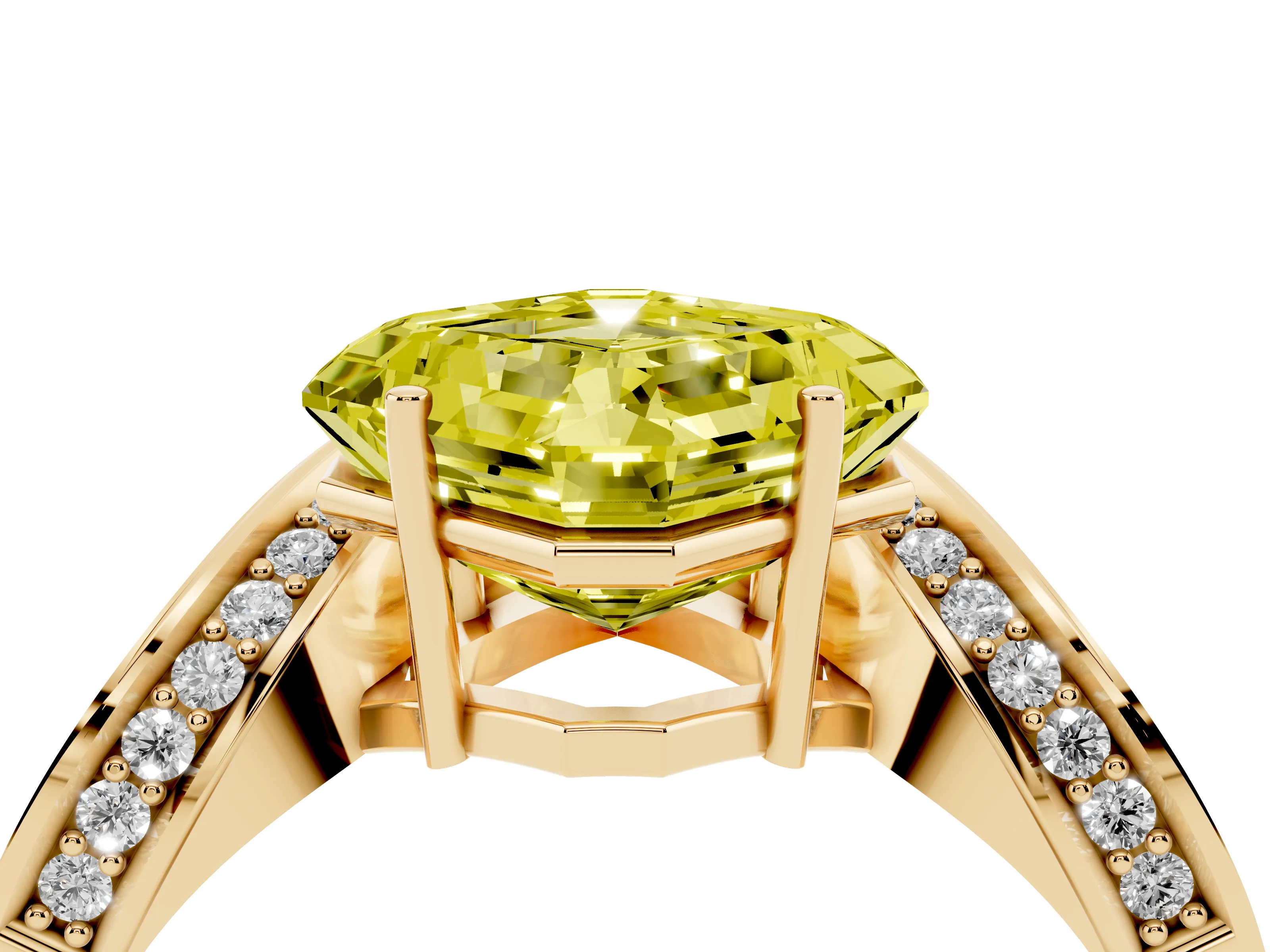 Fancy Yellow Asscher Cut Diamond Solitaire Engagement Ring Set in Yellow gold with Pavé Shoulders