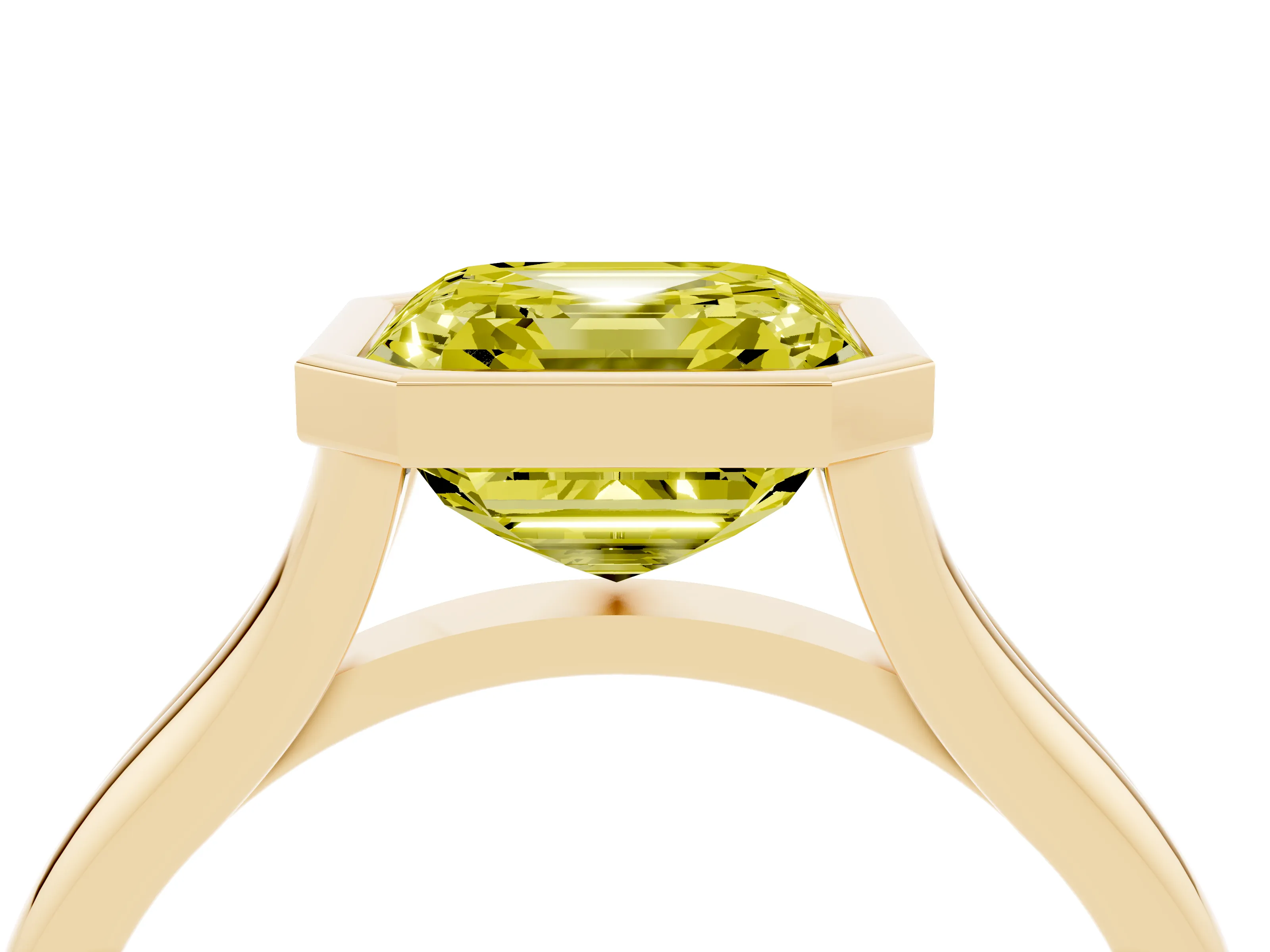 Fancy Yellow Bezel Set Asscher Cut Diamond Solitaire Ring Set in Yellow gold with Tapered Band