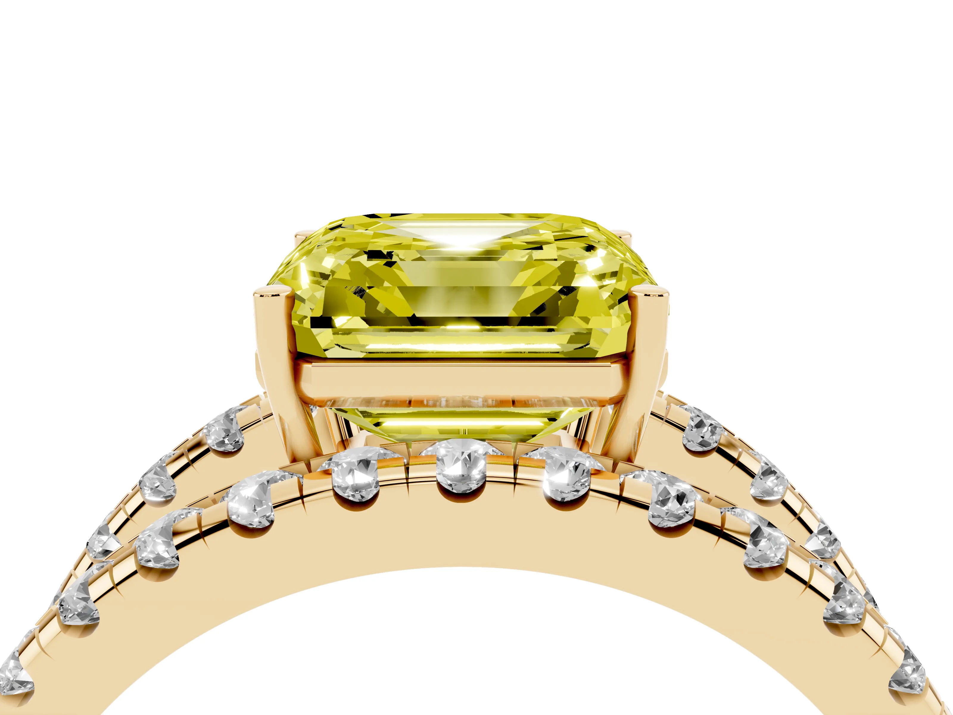 Fancy Yellow Asscher Cut Diamond Split Shank Pavé Solitaire Ring Set in Yellow gold with Open Shank Design