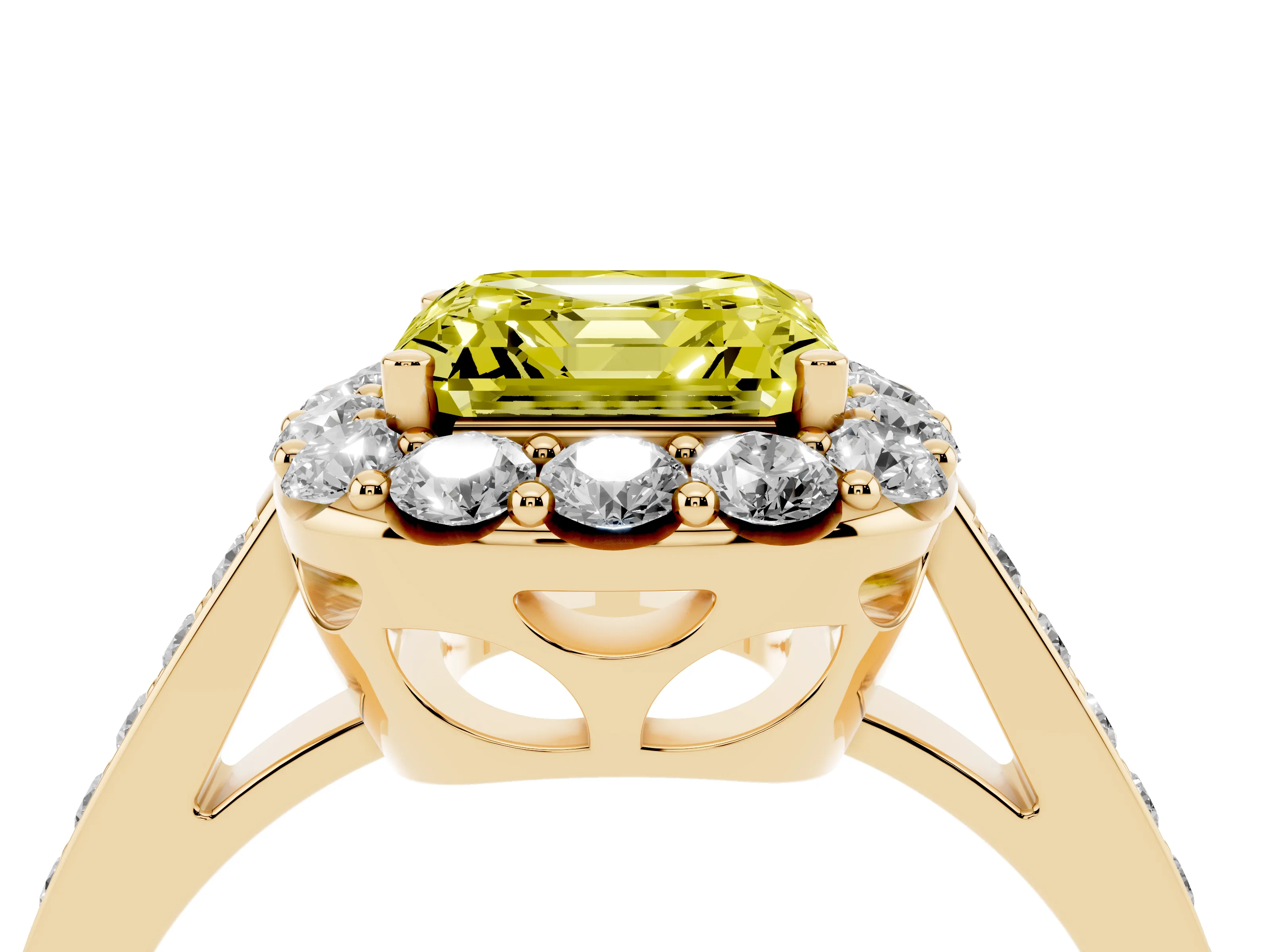 Fancy Yellow Asscher Cut Diamond Floral Halo Ring Set in Yellow gold with Pavé Band and Prong Setting