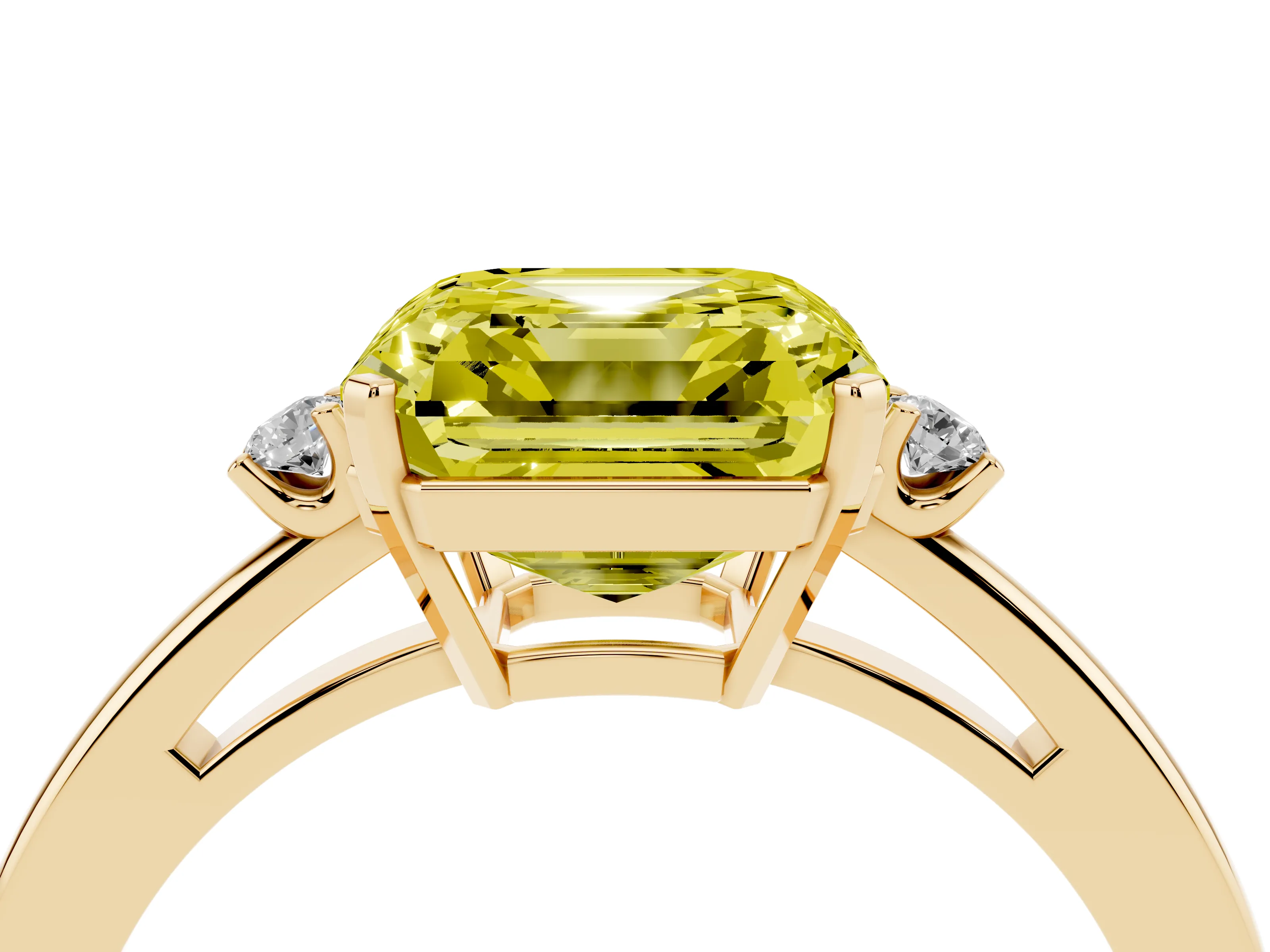 Fancy Yellow Three-Stone Asscher Cut Diamond Solitaire Ring Set in Yellow gold with Round Accent Stones and Prong Setting