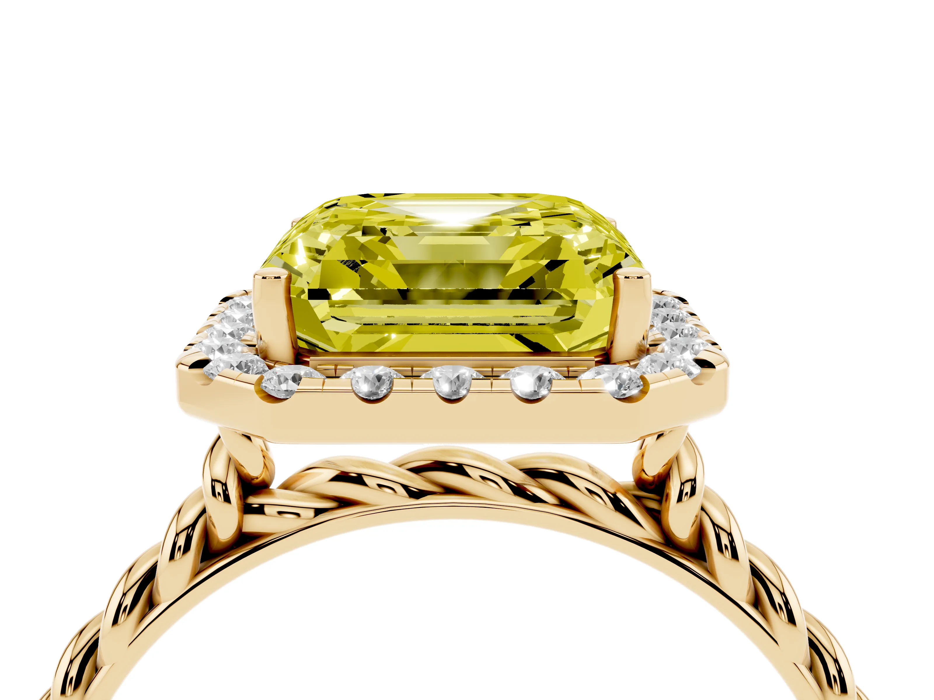 Fancy Yellow Asscher Cut Diamond Halo Ring Set in Yellow gold with Plain Twisted Band