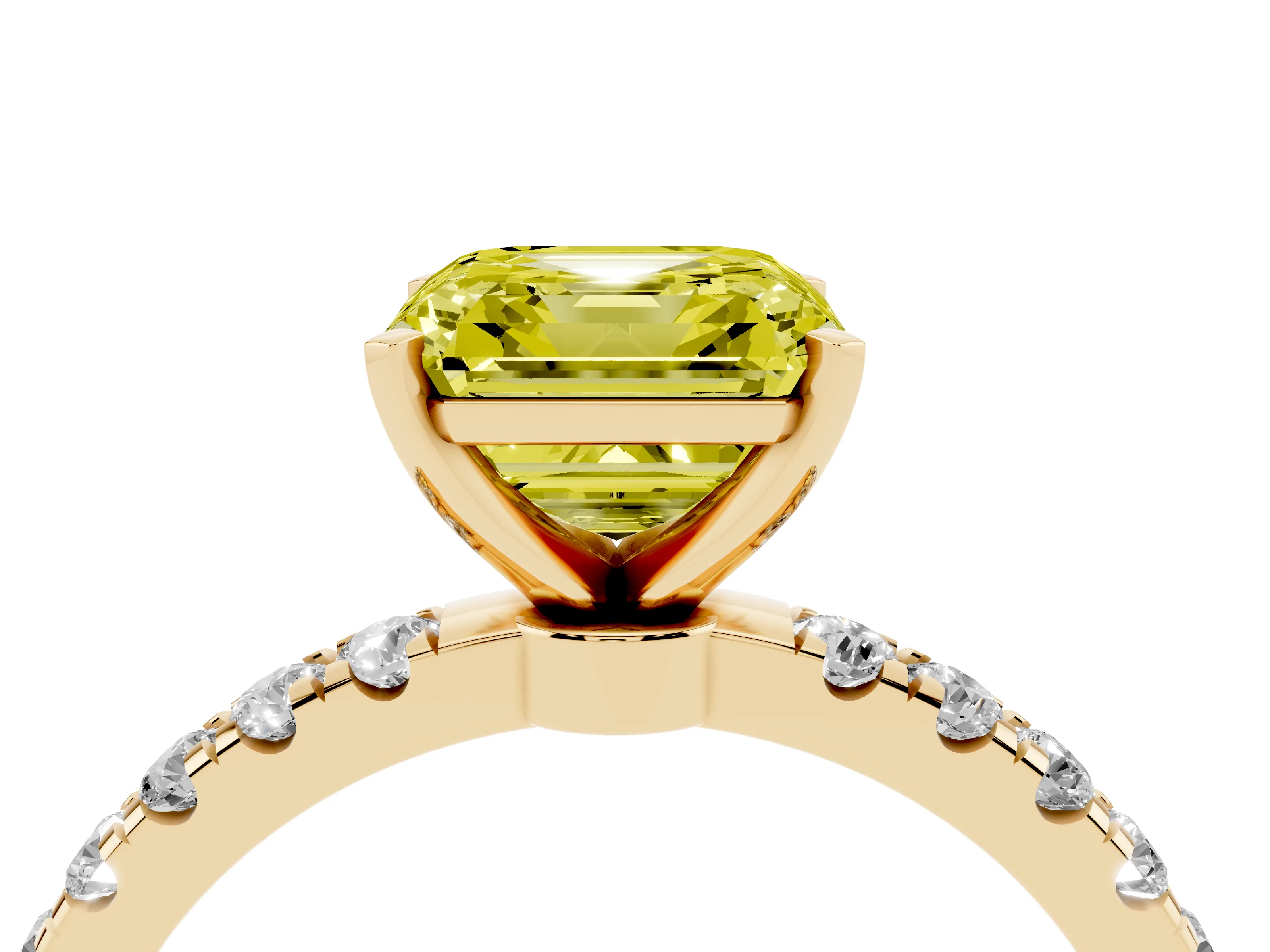 Fancy Yellow Asscher Cut Diamond Solitaire Ring Set in Yellow gold with Pavé Accents and Prong Setting