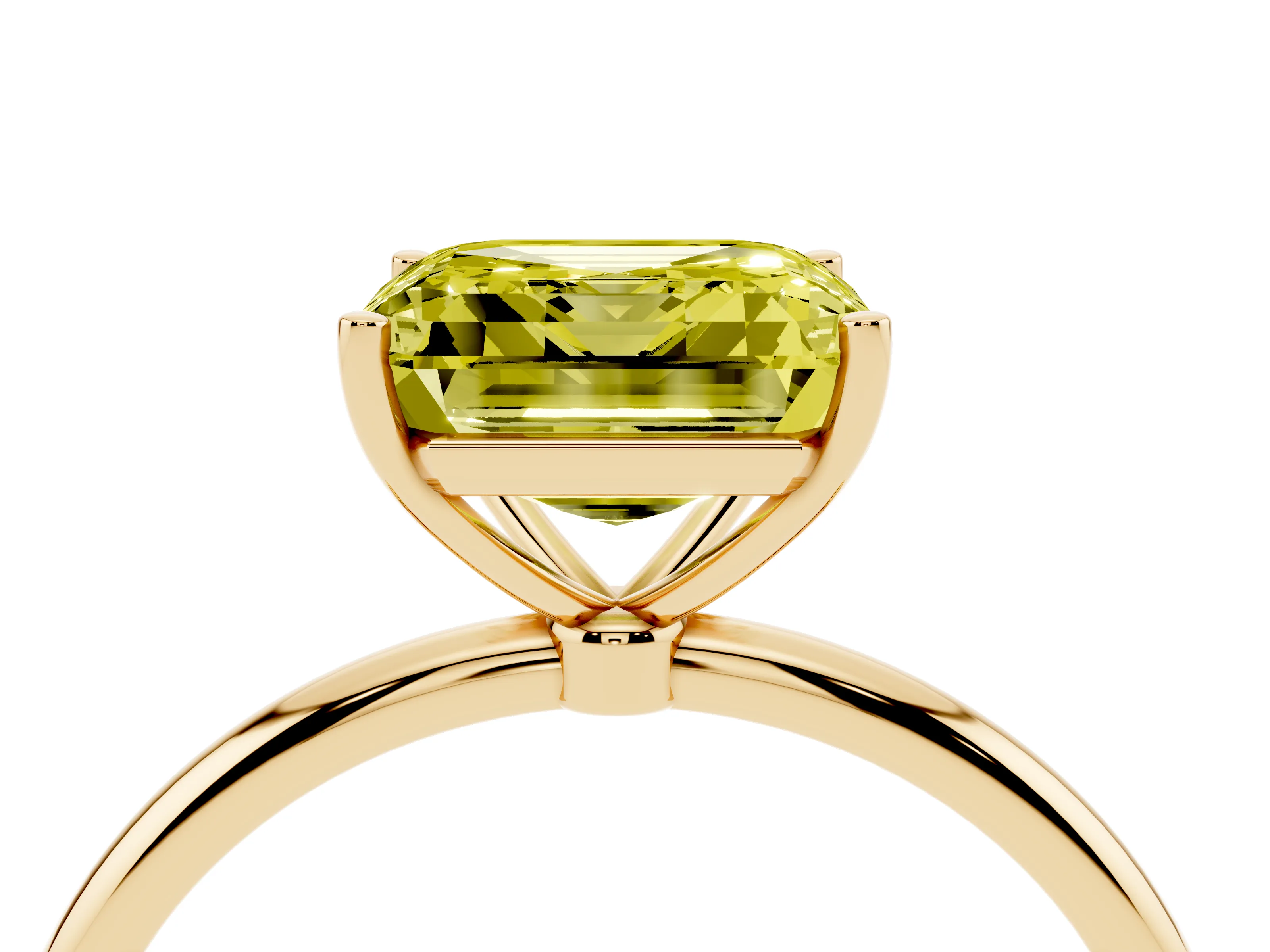 Fancy Yellow Asscher Cut Diamond Solitaire Engagement Ring Set in Yellow gold with Thin Band and Prong Setting