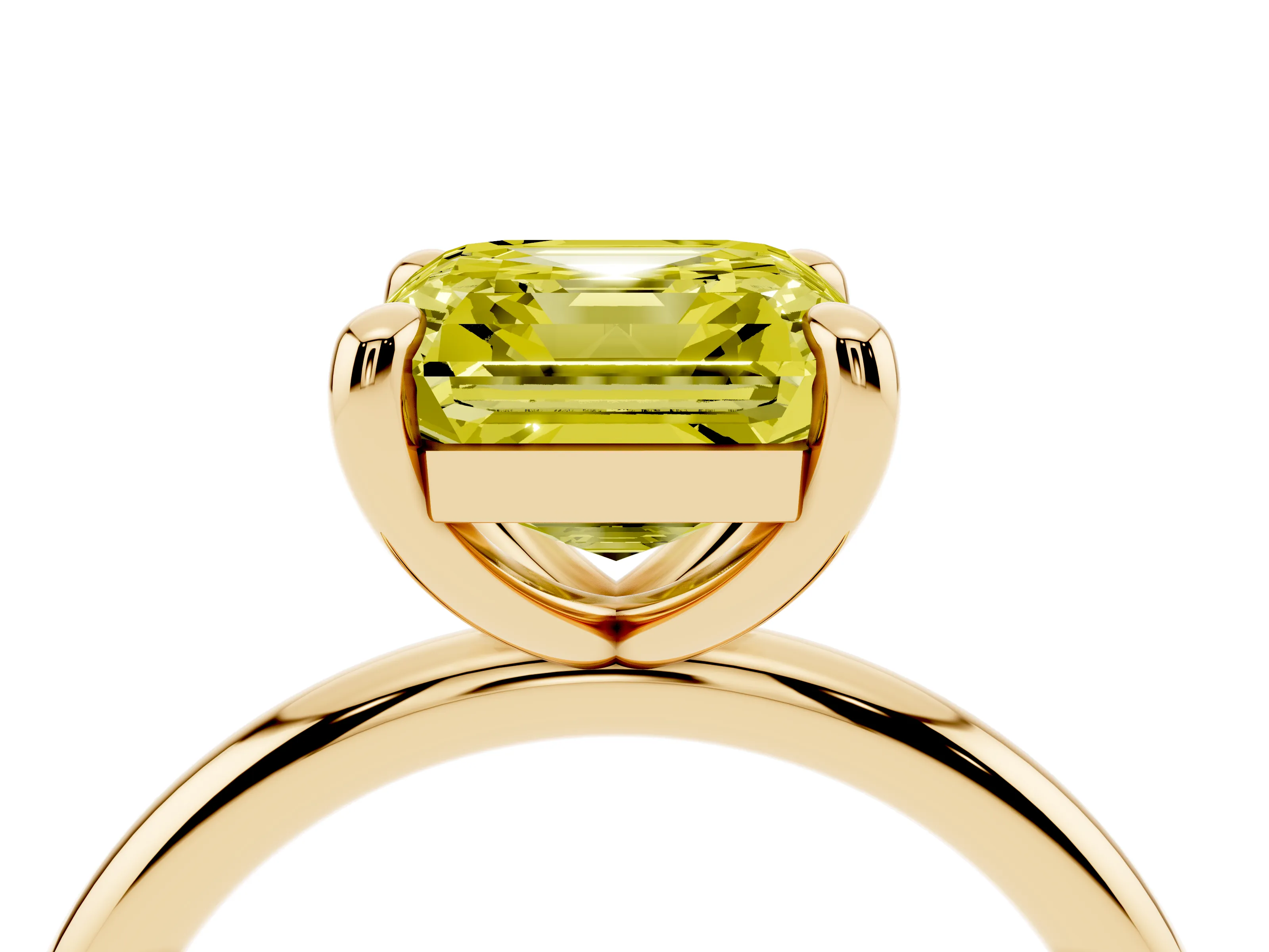 Fancy Yellow Asscher Cut Diamond Solitaire Ring Set in Yellow gold with Prong Setting on a Polished Plain Band