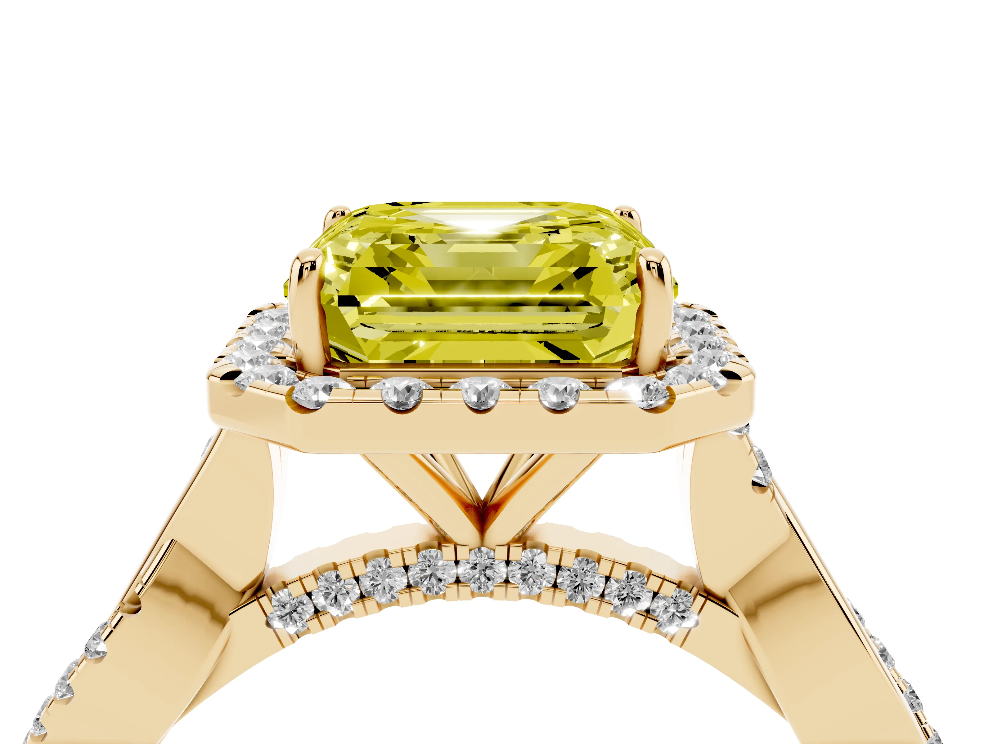 Fancy Yellow Asscher Cut Diamond Halo Twist Band Solitaire Ring Set in Yellow gold with Prong Setting
