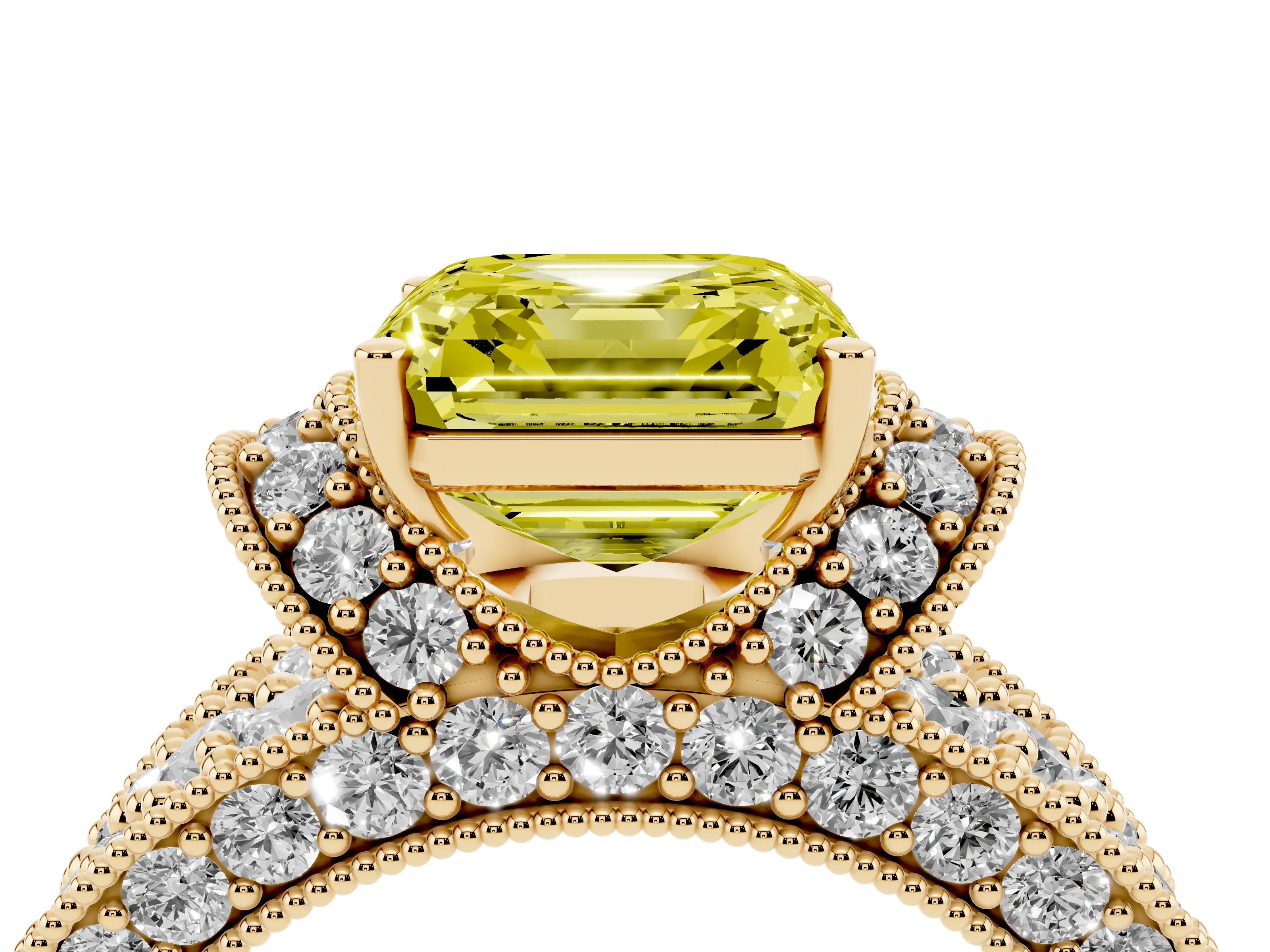 Fancy Yellow Asscher Cut Diamond Milgrain Halo Pavé Engagement Ring Set in Yellow gold with Prong Setting