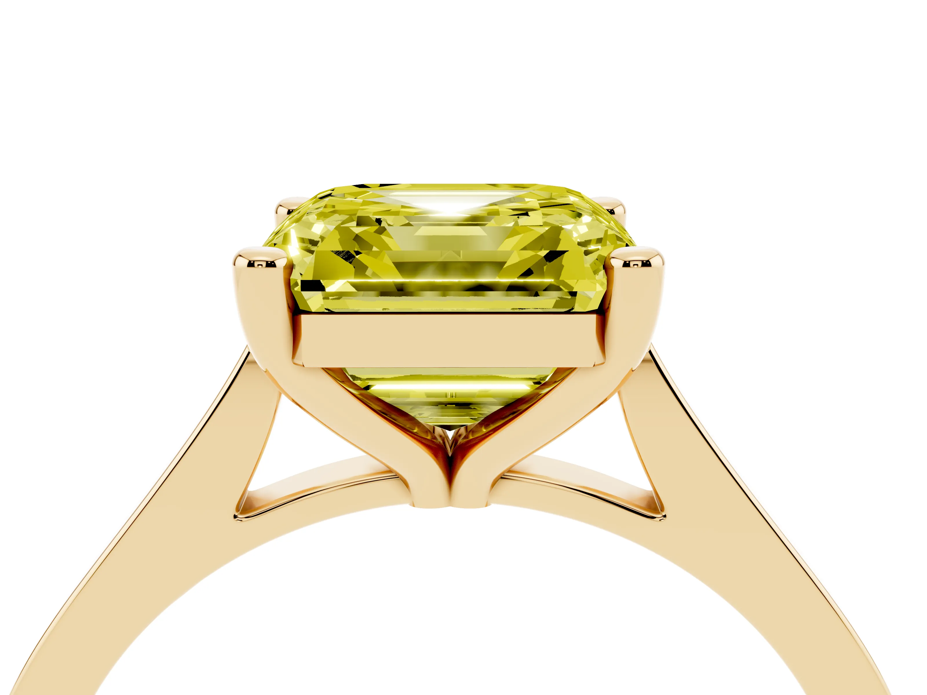 Fancy Yellow Asscher Cut Diamond Solitaire Ring Set in Yellow gold with Prong Setting and Tapered Band