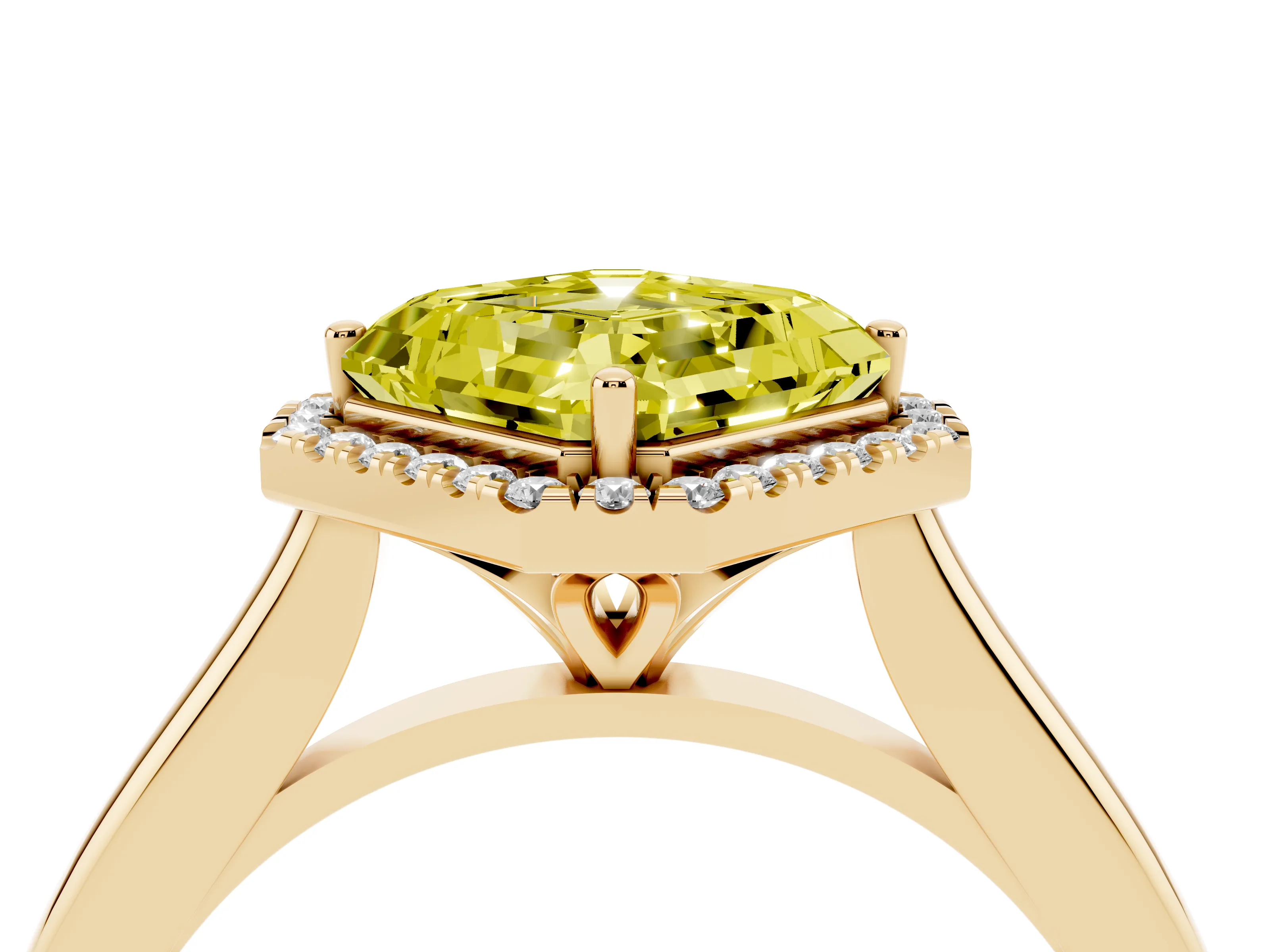 Fancy Yellow Asscher Cut Diamond Halo Engagement Ring Set in Yellow gold with Pavé Band and Rising Shoulders