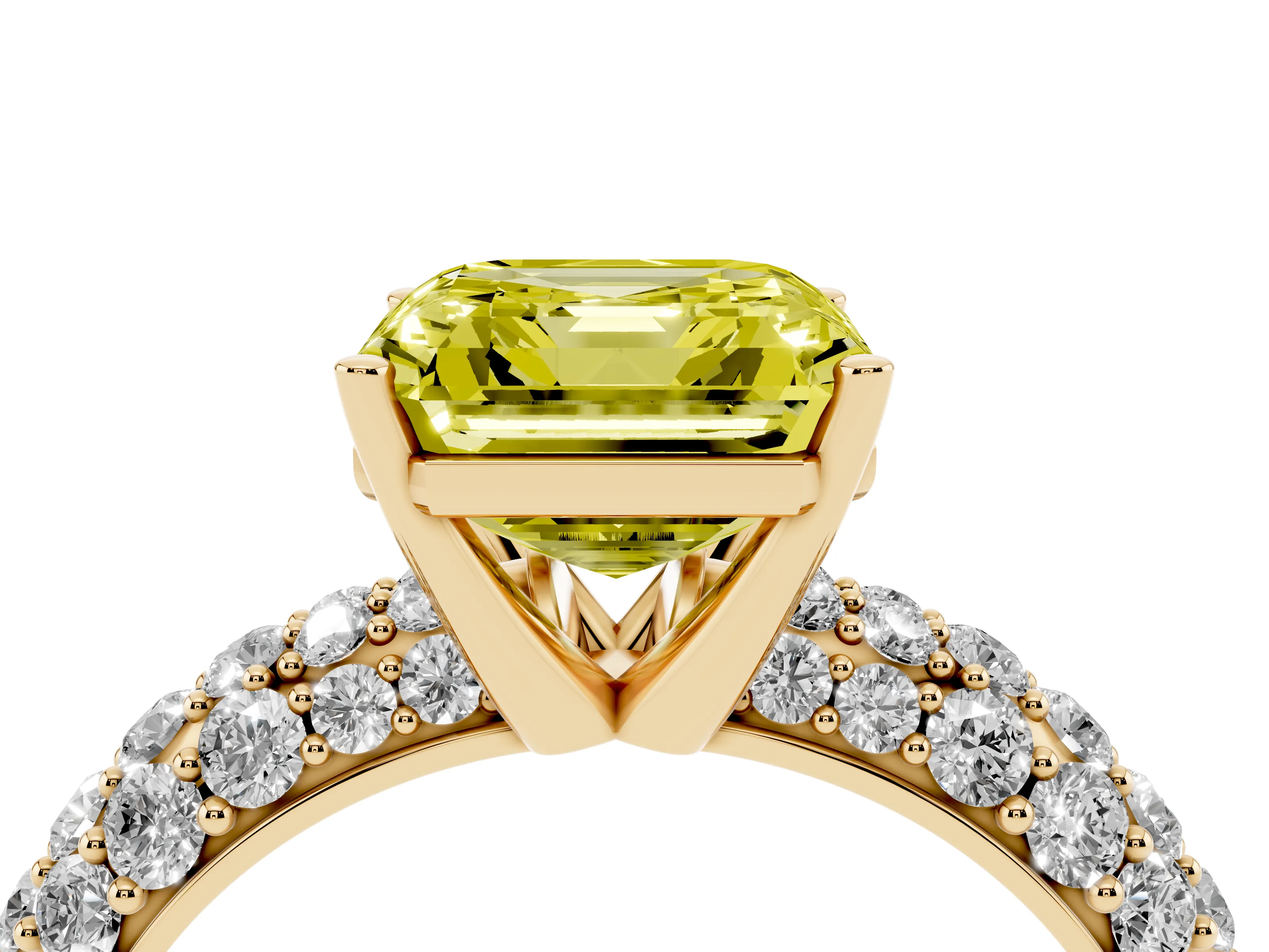 Fancy Yellow Asscher Cut Diamond Pavé Band Solitaire Ring Set in Yellow gold with Close-Set Accent Stones and Prong Setting