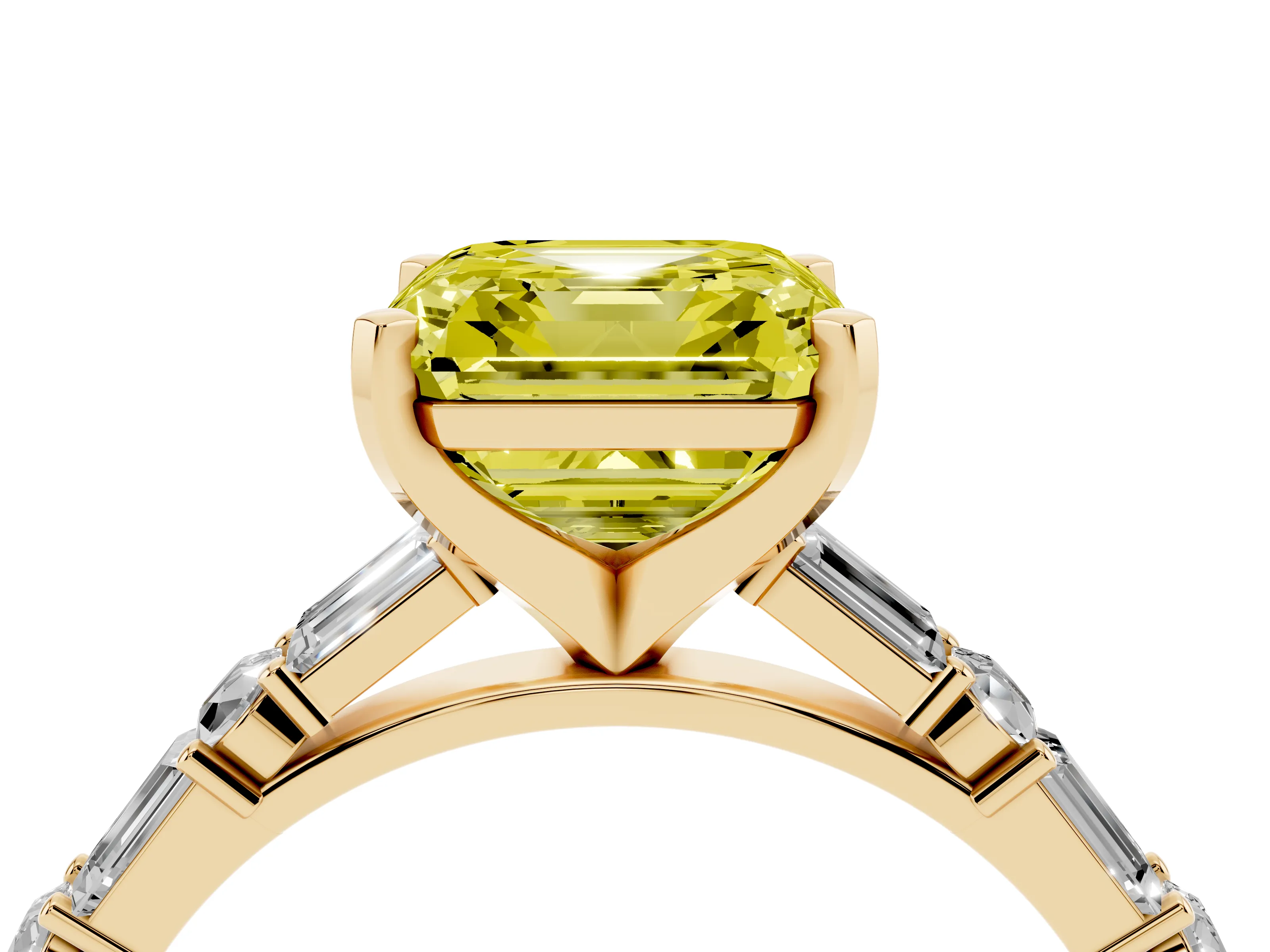 Fancy Yellow Asscher Cut Diamond Solitaire Set in Yellow gold with Side Baguettes and Channel Set Band