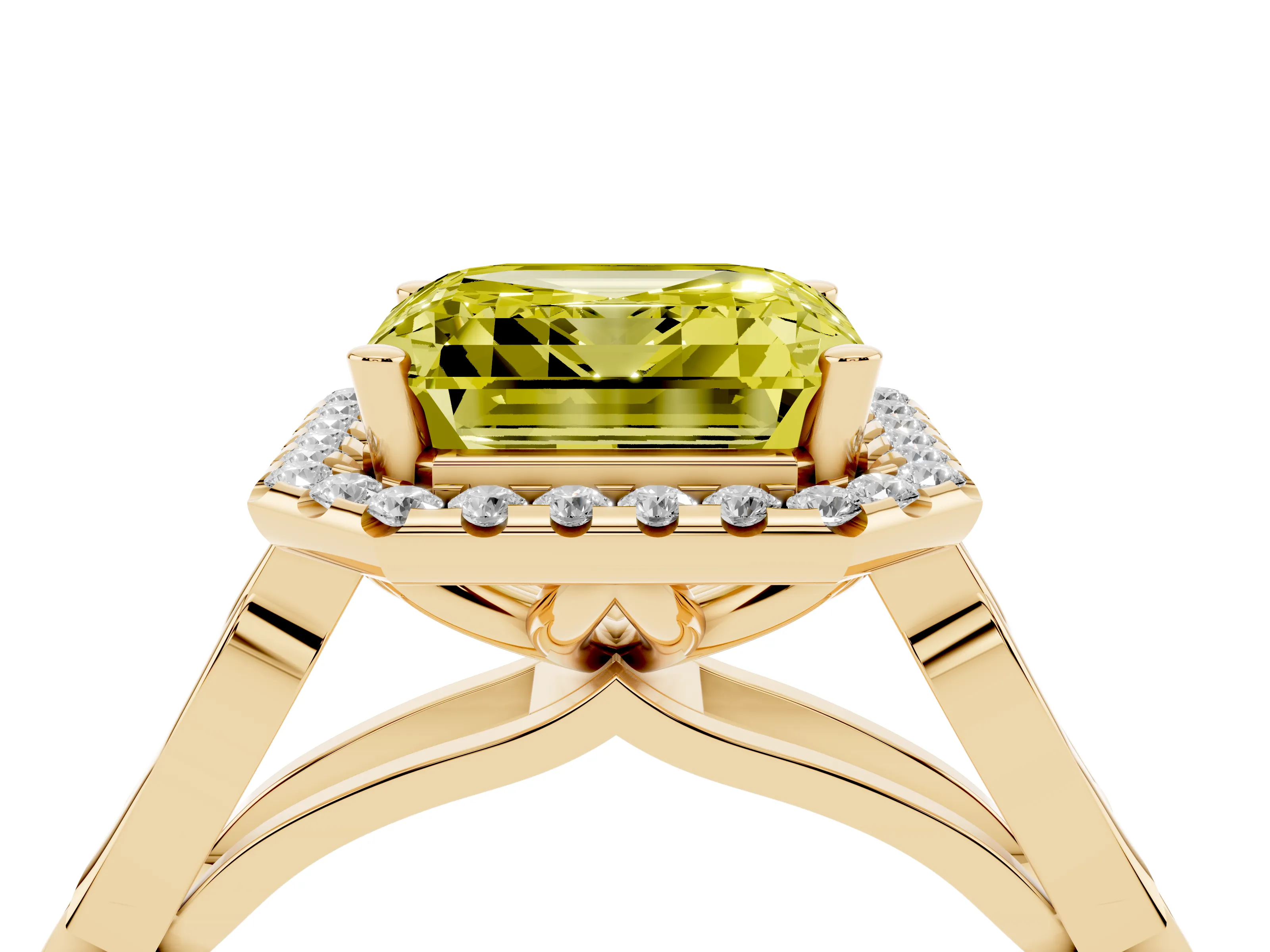 Fancy Yellow Asscher Cut Diamond Halo Engagement Ring Set in Yellow gold with Filigree Band and Prong-Set Center