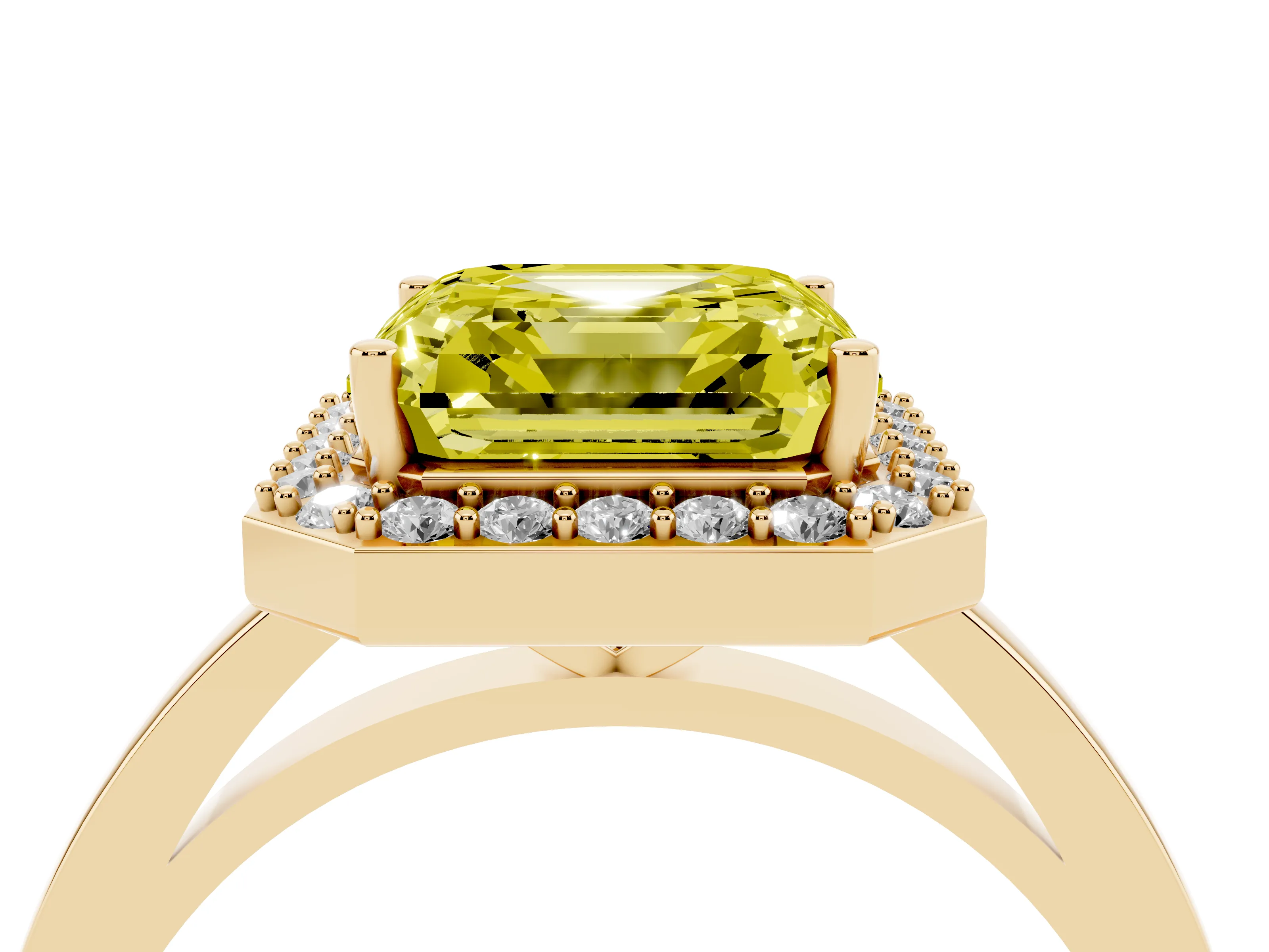 Fancy Yellow Asscher Cut Diamond Halo Ring Set in Yellow gold with Solitaire Band and Prong Setting