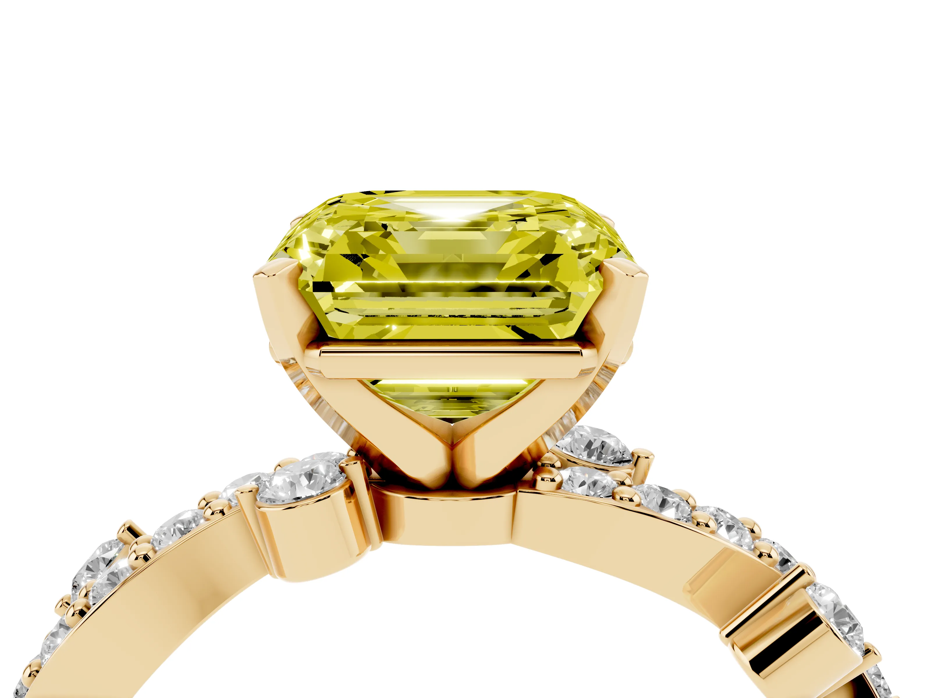 Fancy Yellow Asscher Cut Diamond Solitaire Twisted Band Set in Yellow gold with Pavé Setting