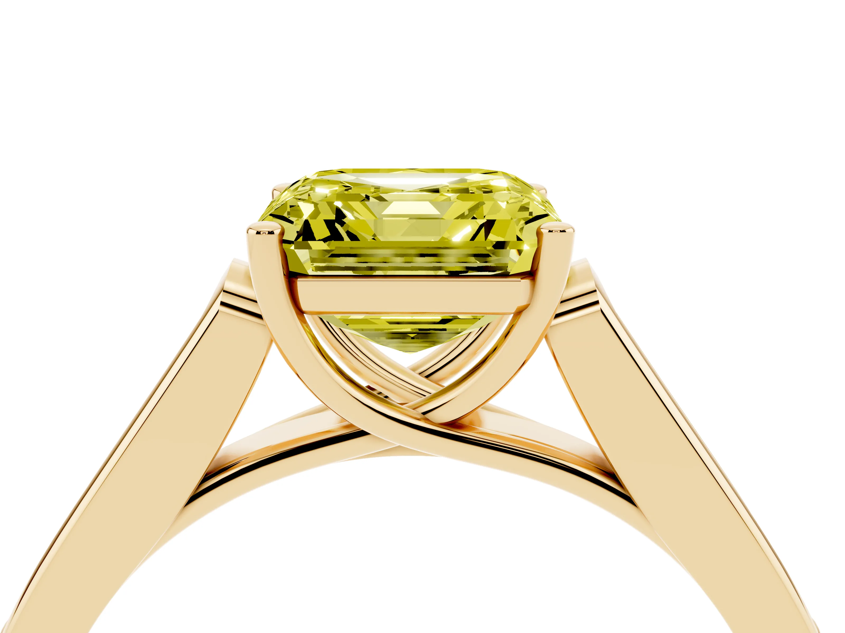 Fancy Yellow Asscher Cut Diamond Solitaire Cathedral Engagement Ring Set in Yellow gold with Channel-Set Band and Prong Setting