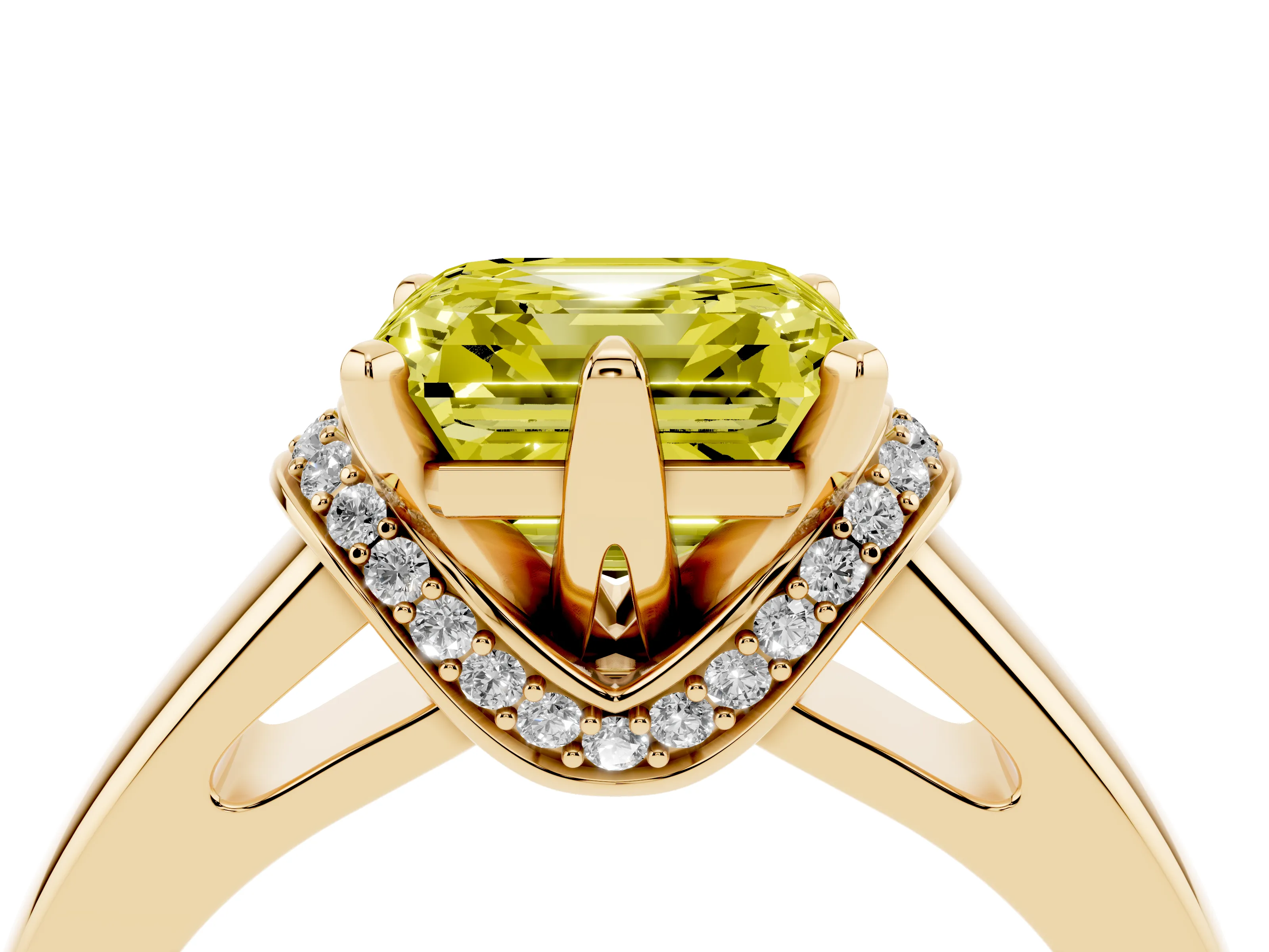 Fancy Yellow Asscher Cut Diamond Pavé Band Solitaire Ring Set in Yellow gold with Prong Setting