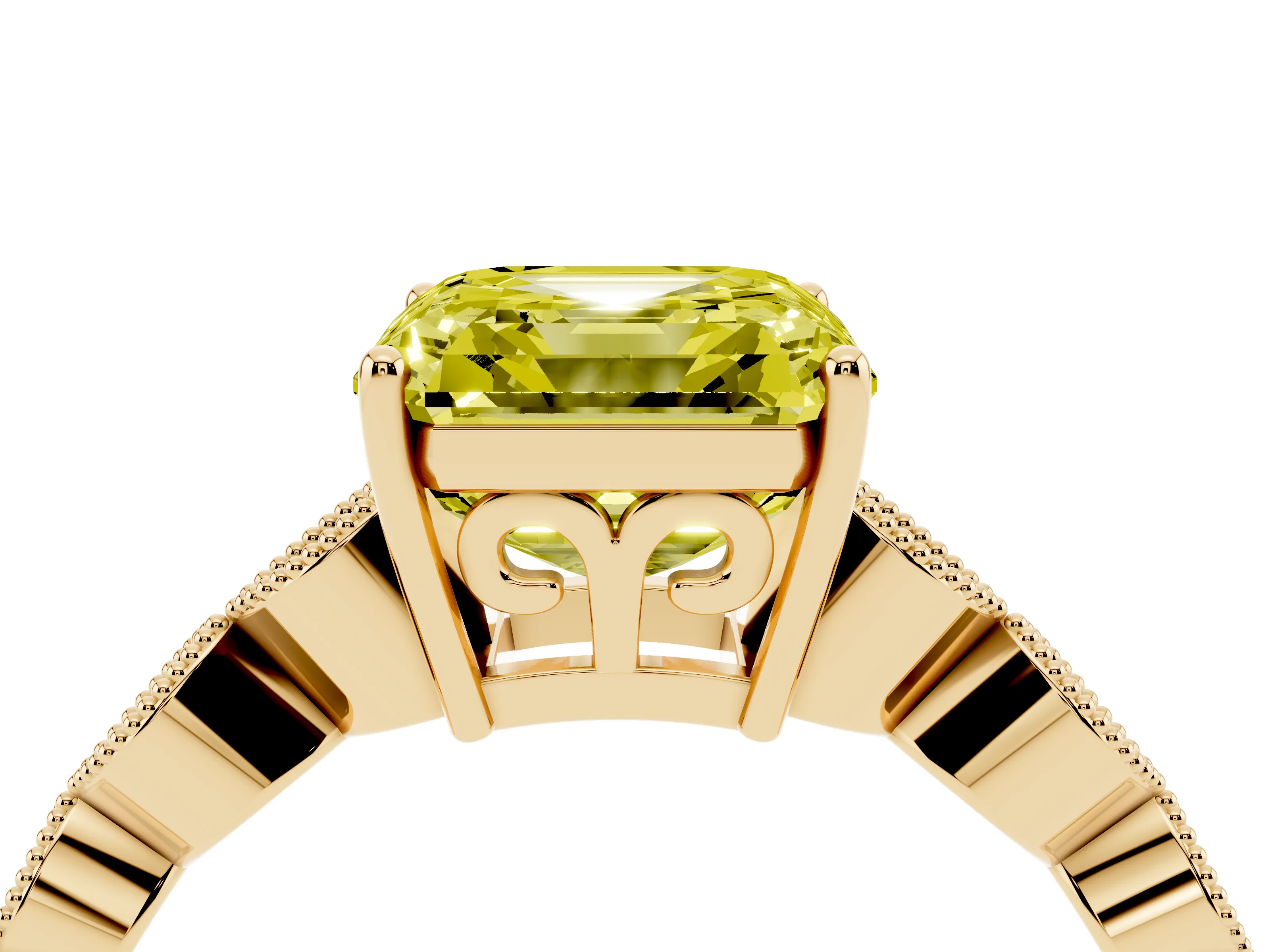 Fancy Yellow Asscher Cut Diamond Solitaire Ring Set in Yellow gold with Infinity Twist Pavé Band