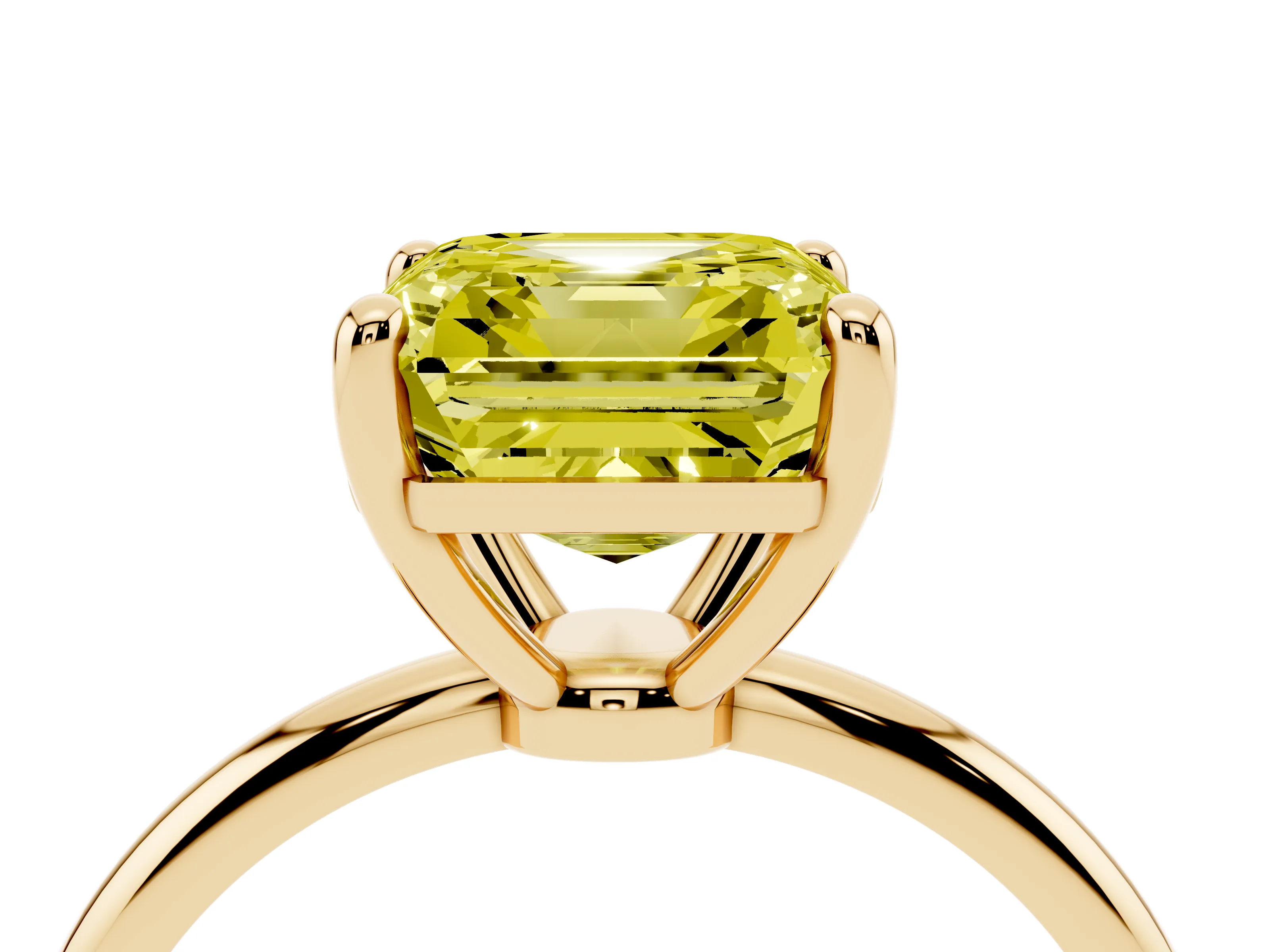 Fancy Yellow Asscher Cut Diamond Solitaire Ring Set in Yellow gold with Secure Prong Setting on a Classic Band