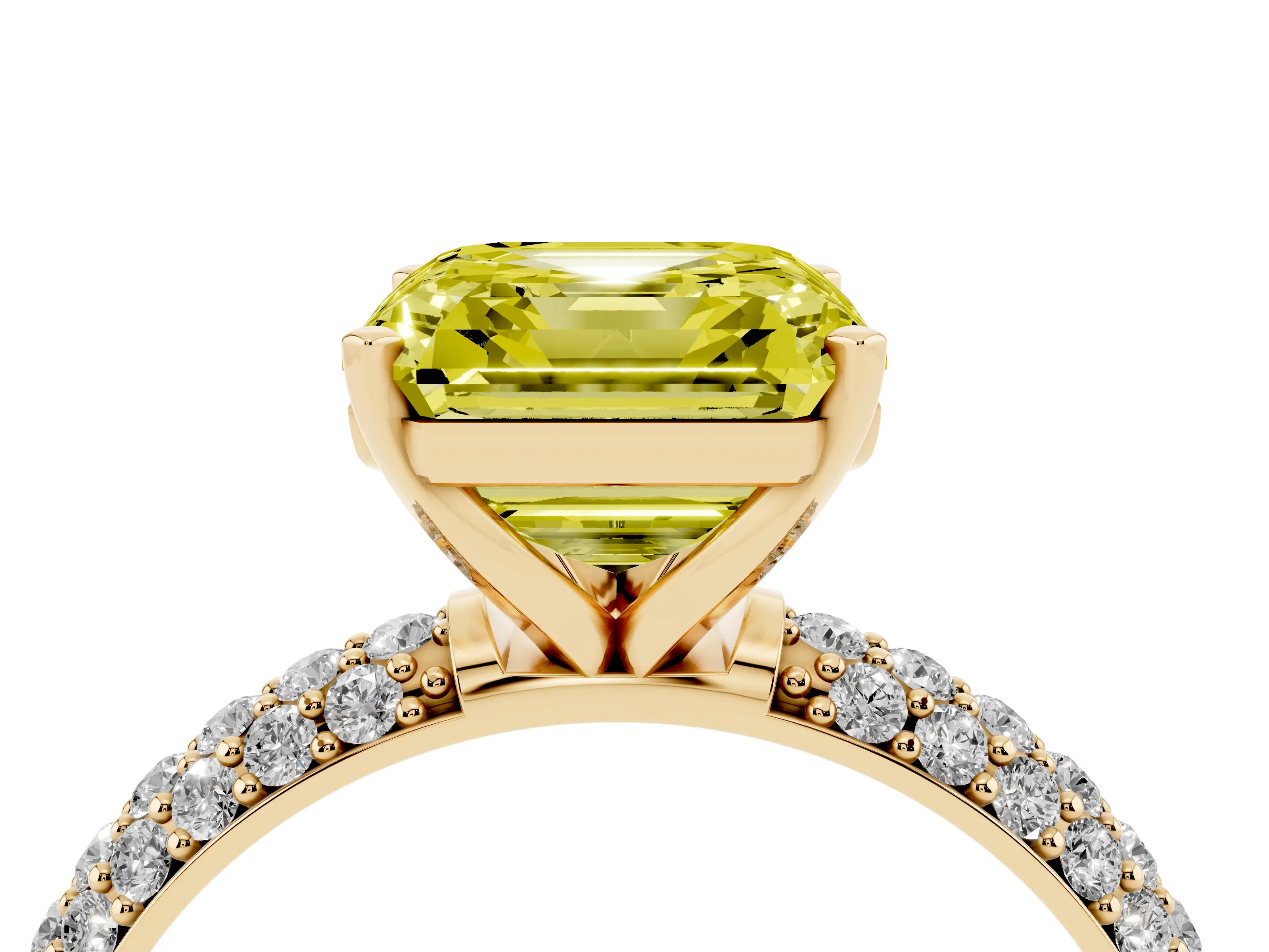 Fancy Yellow Asscher Cut Diamond Solitaire Ring Set in Yellow gold with Prong Setting and Pavé-Set Band