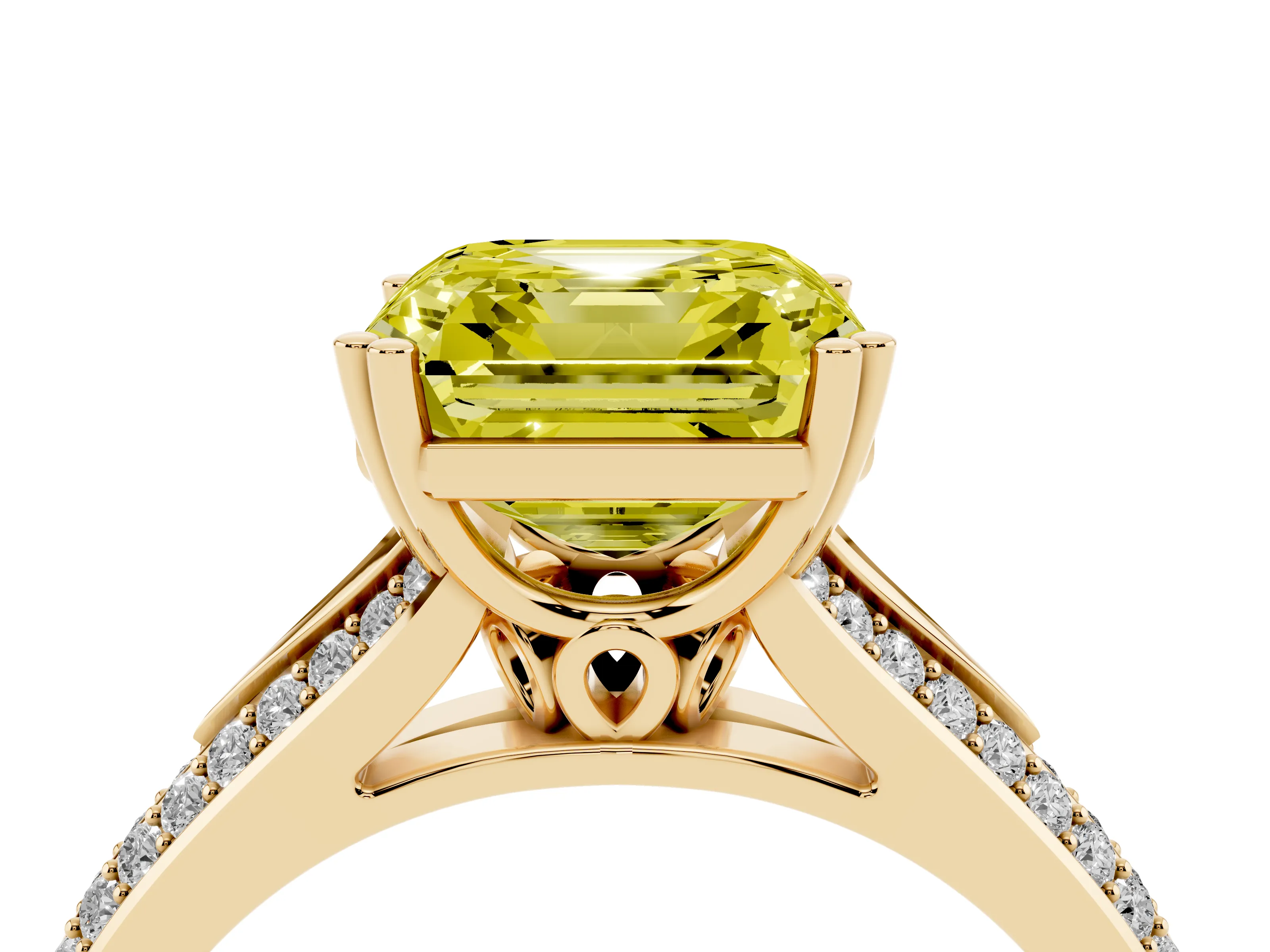 Fancy Yellow Asscher Cut Diamond Split Shank Pavé Engagement Ring Set in Yellow gold with Prong-Set Center Stone