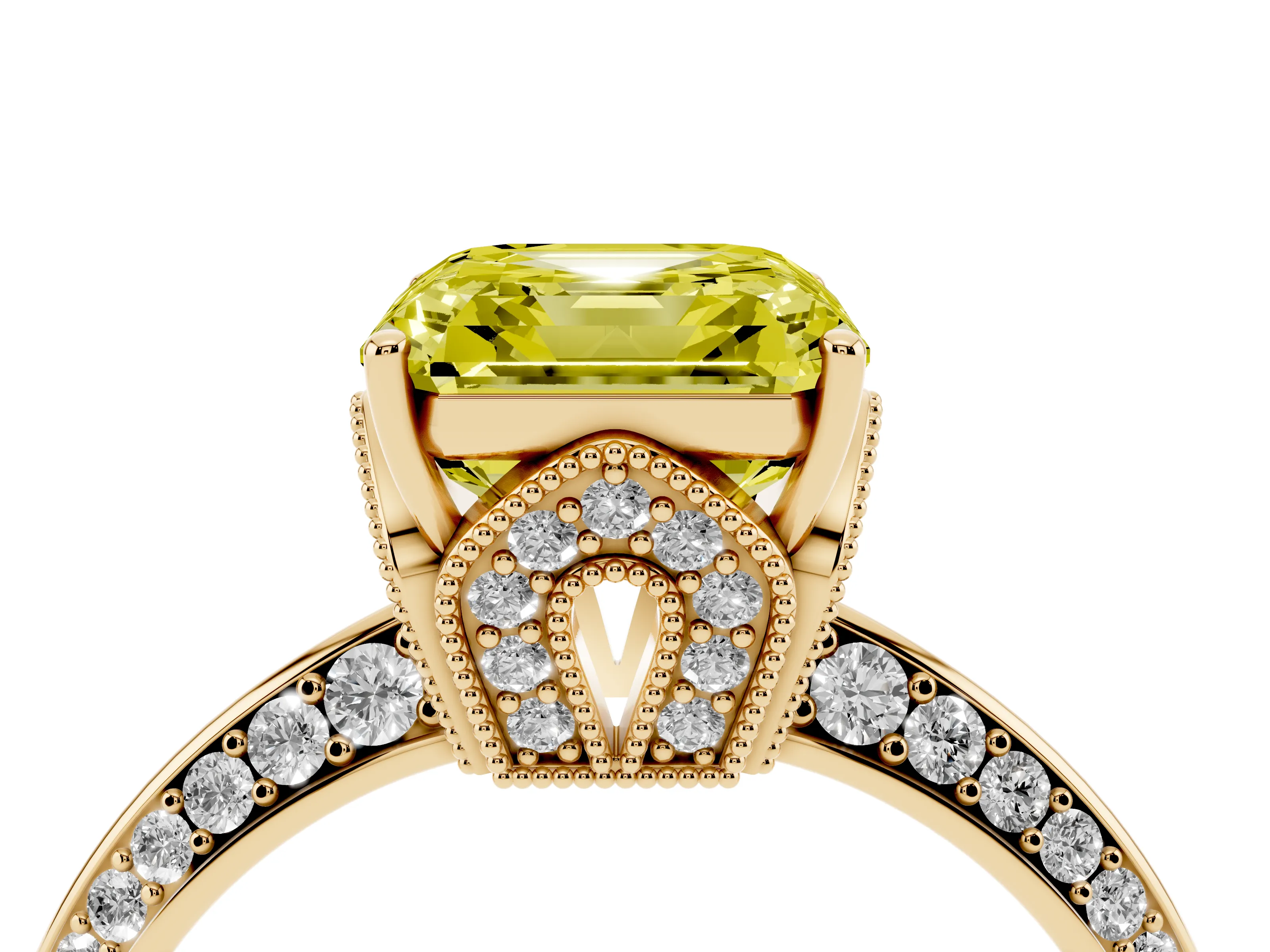 Fancy Yellow Asscher Cut Diamond Solitaire Engagement Ring Set in Yellow gold with Pavé Split Shank and Prong Setting