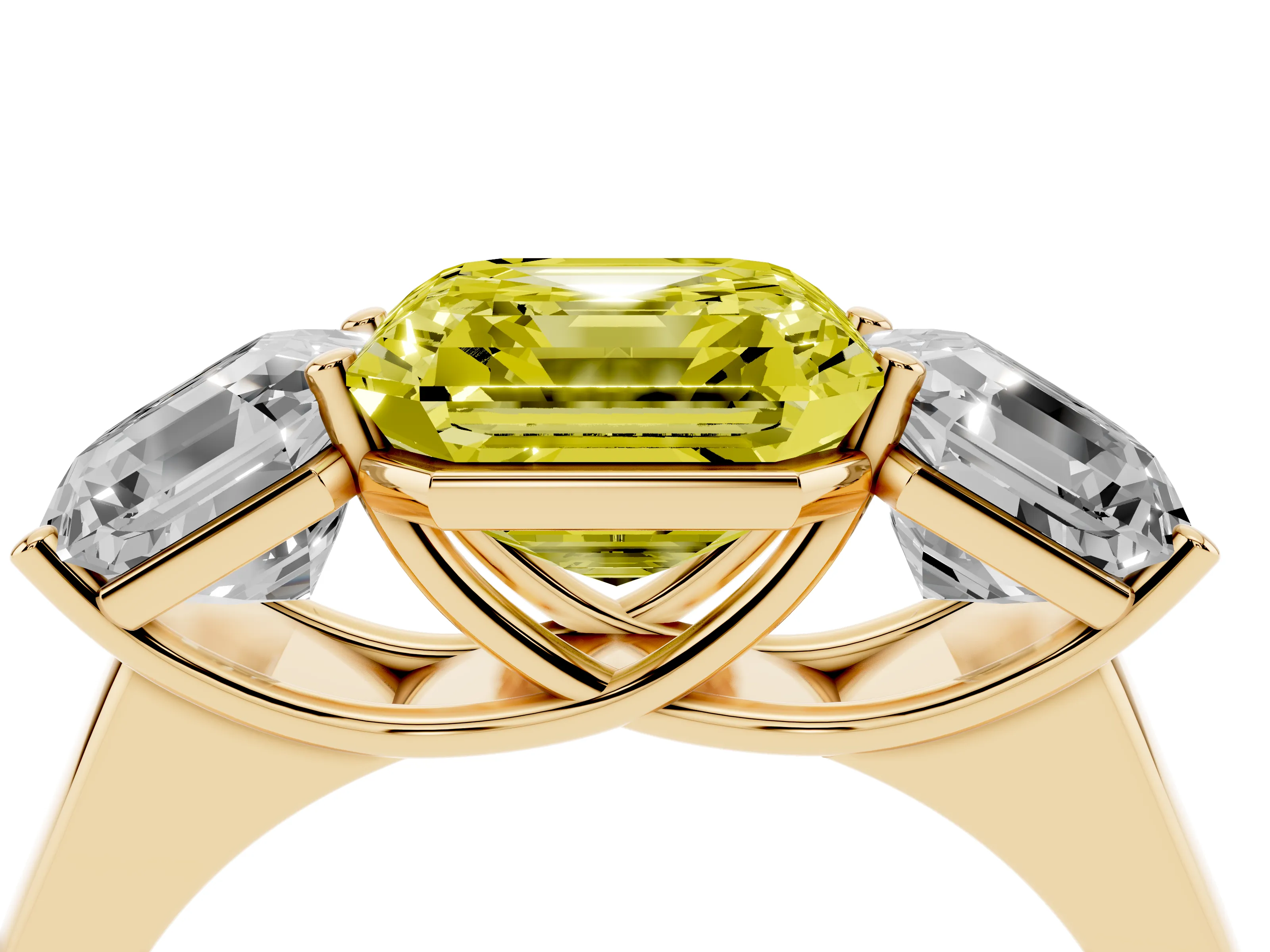 Fancy Yellow Asscher Cut Diamond Three-Stone Ring Set in Yellow gold with Plain Polished Band