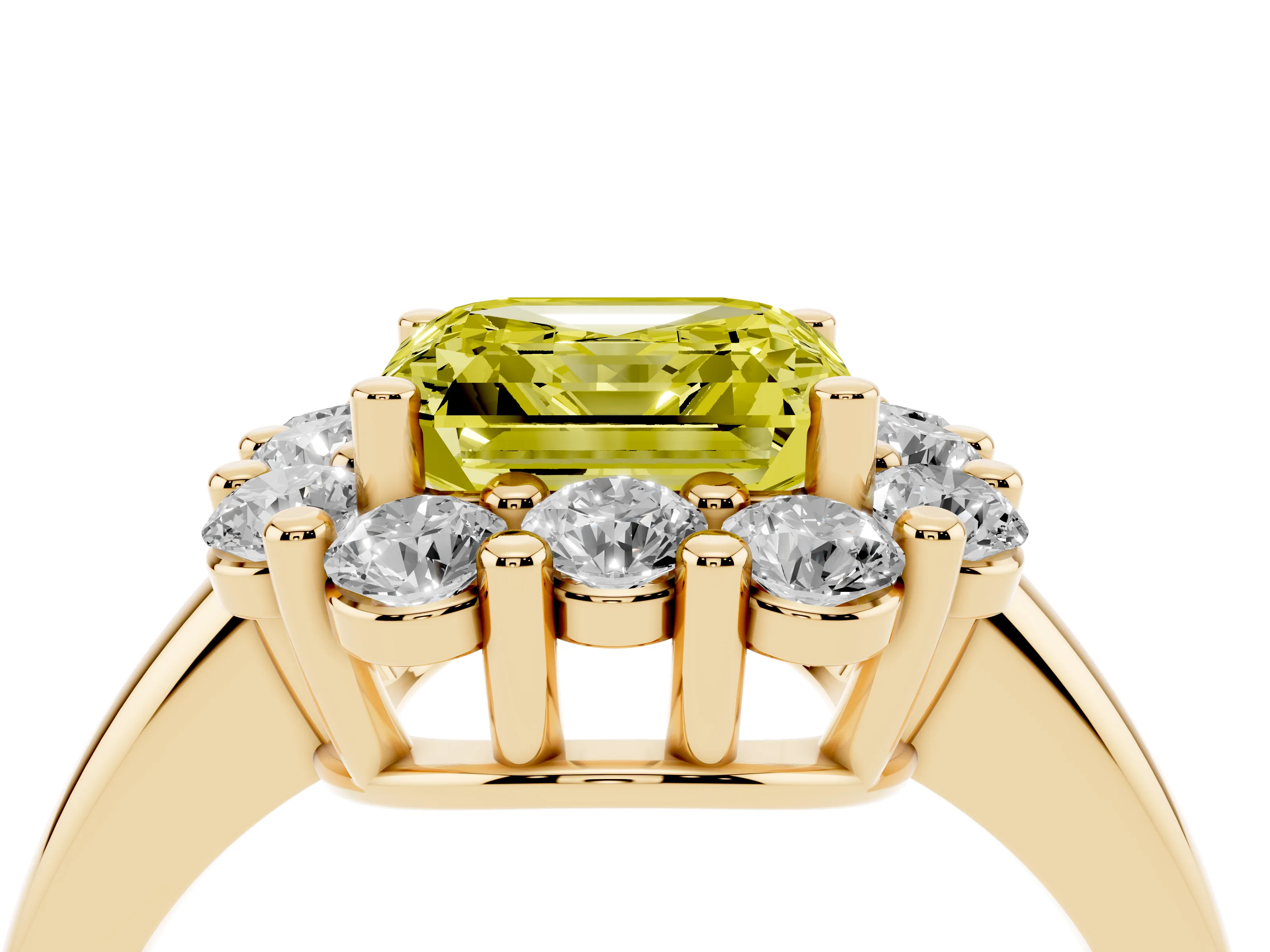 Fancy Yellow Asscher Cut Diamond Halo Cluster Engagement Ring Set in Yellow gold with Polished Band and Prong Setting