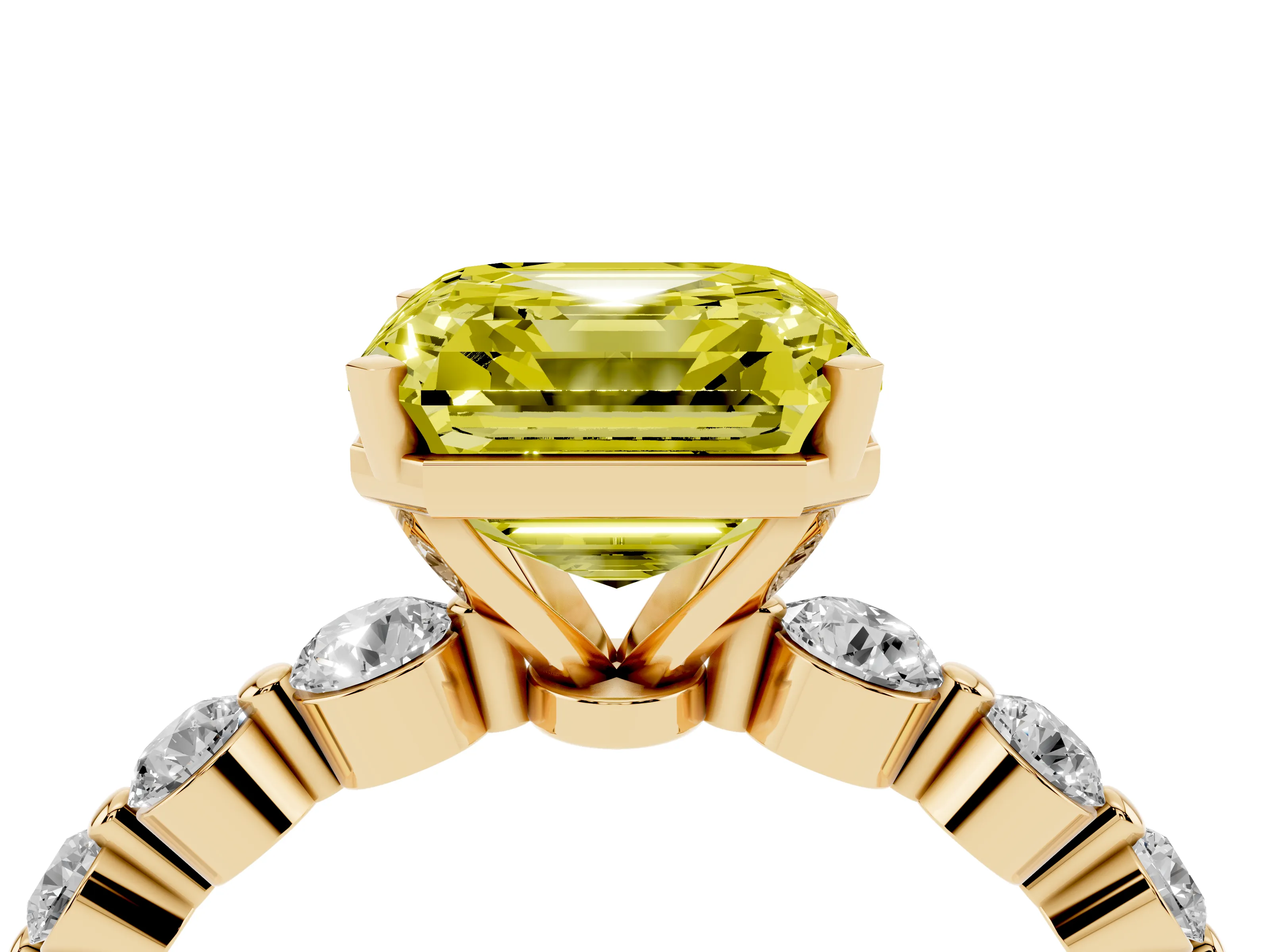 Fancy Yellow Asscher Cut Diamond Solitaire Ring Set in Yellow gold with Pavé Band and Prong Setting
