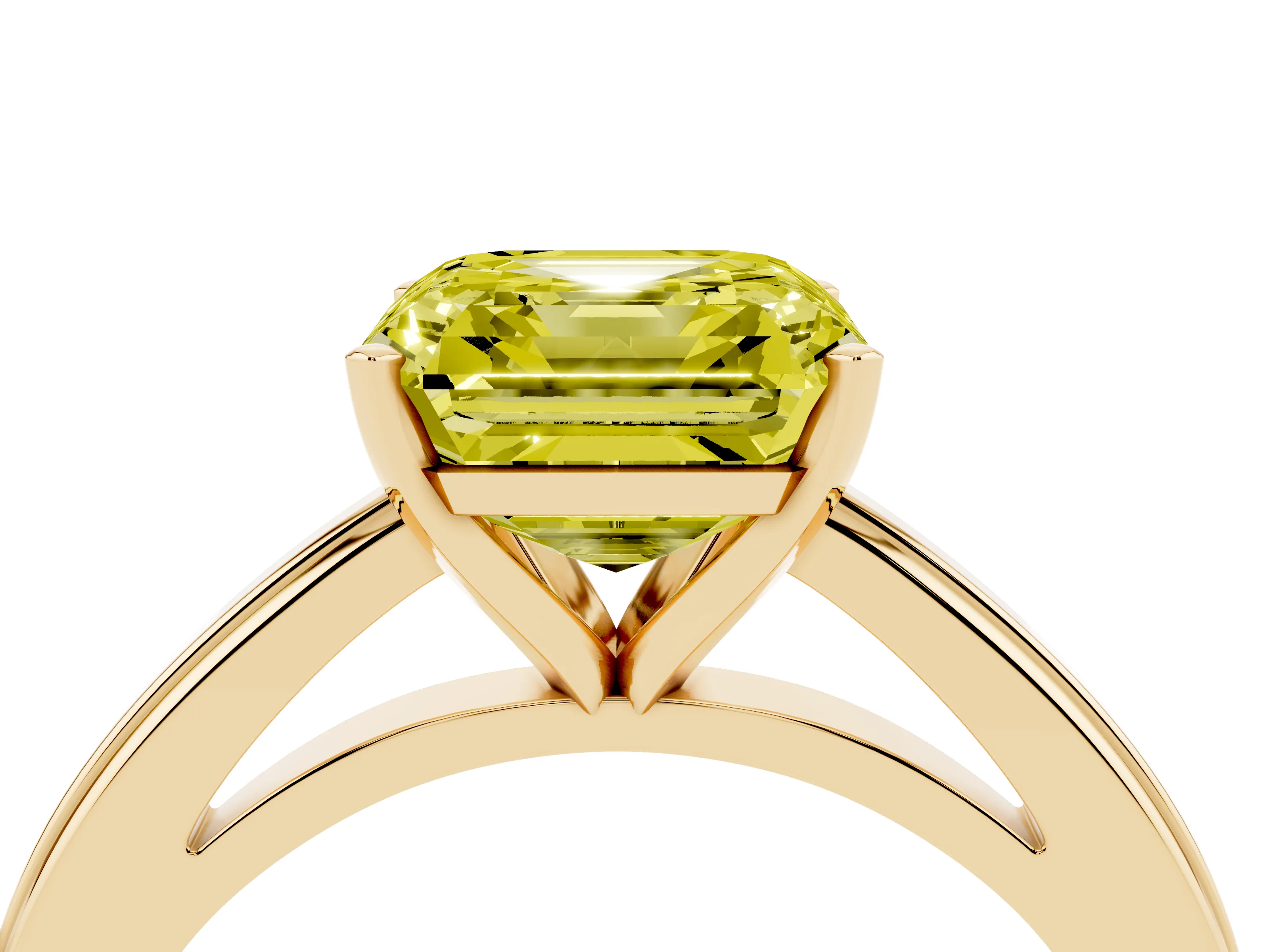 Fancy Yellow Asscher Cut Diamond Solitaire Ring Set in Yellow gold with Prong Setting and Classic Band