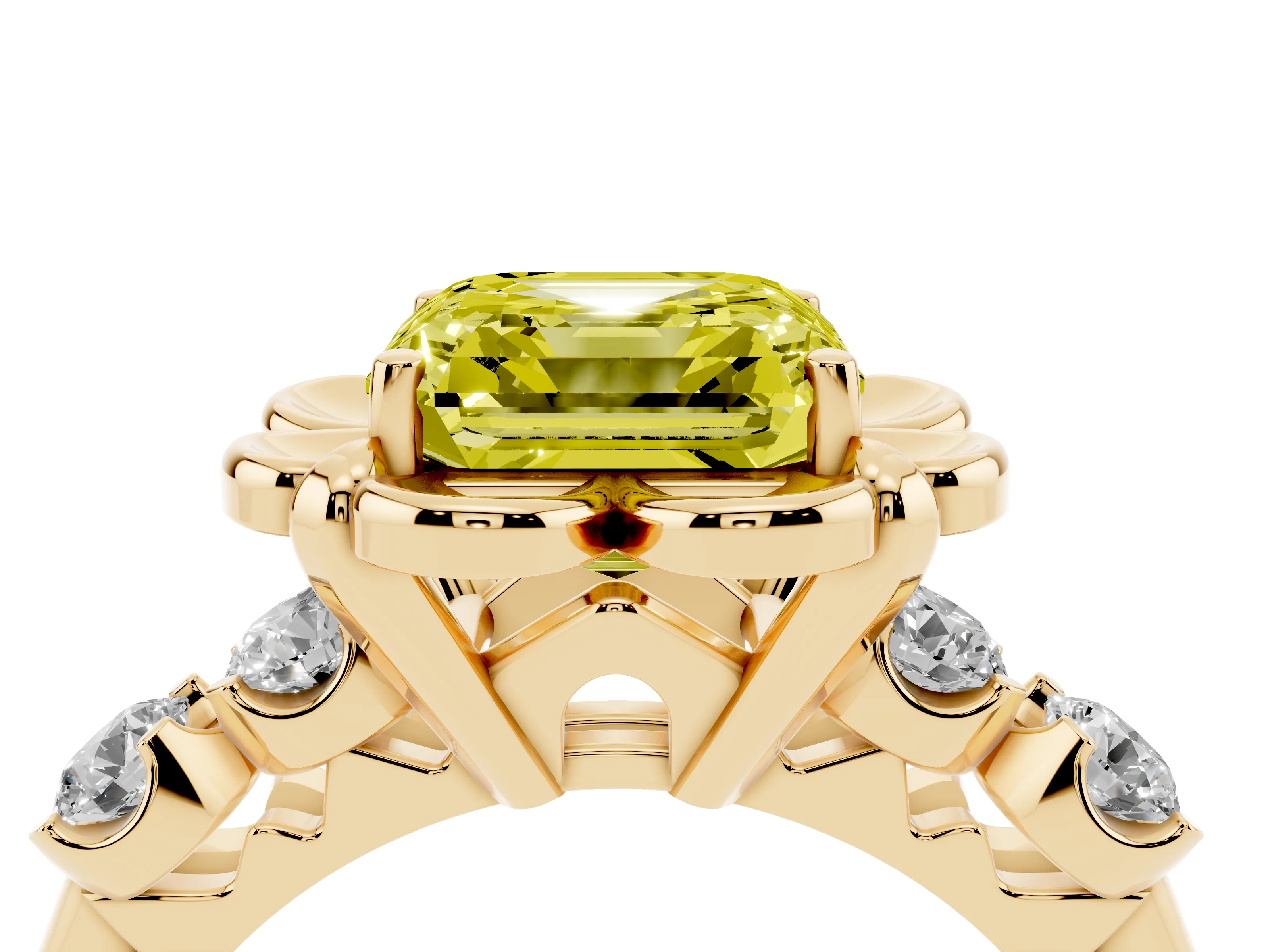 Fancy Yellow Asscher Cut Diamond Floral Halo Ring Set in Yellow gold with Shared Prong Band