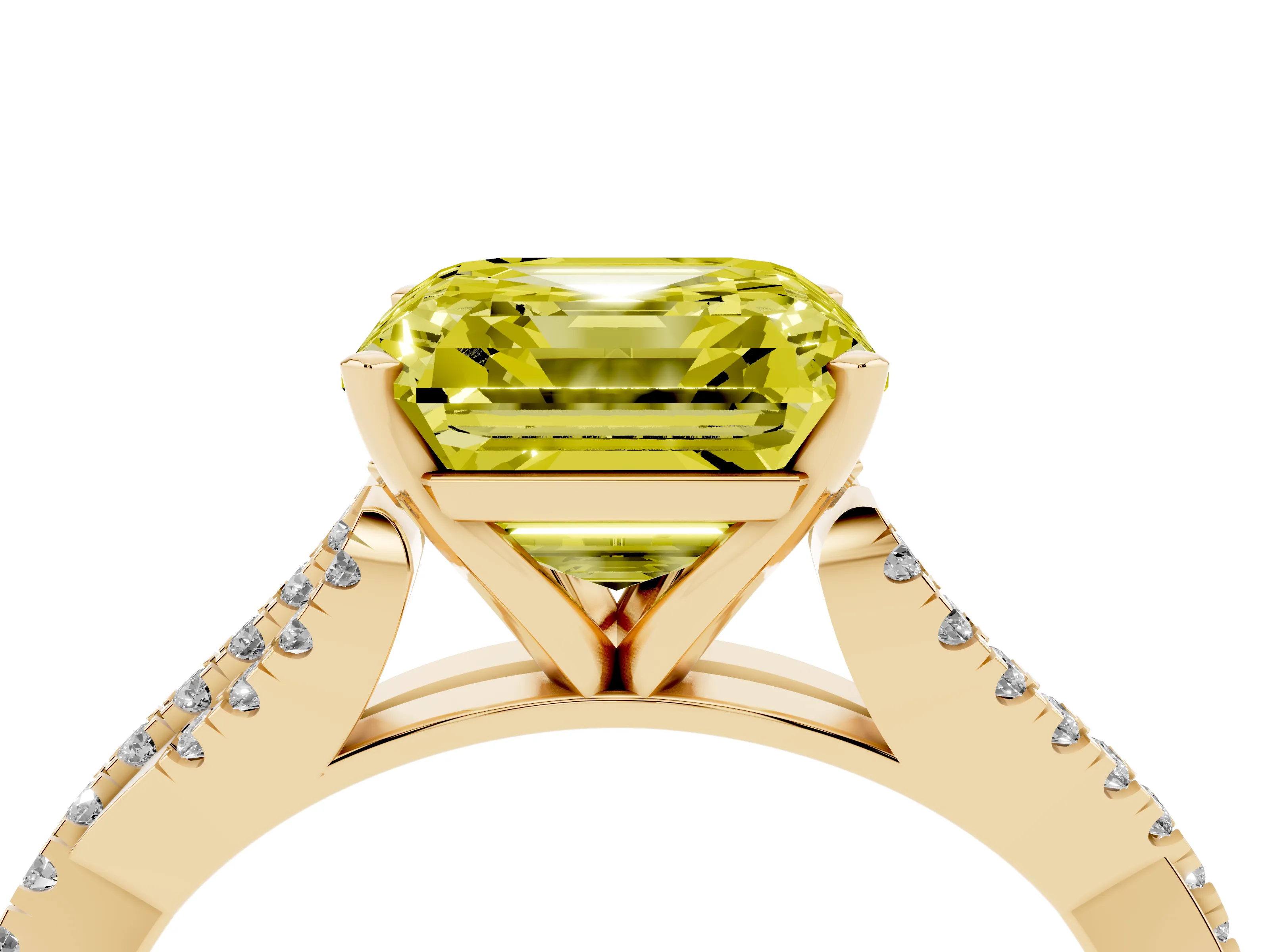 Fancy Yellow Asscher Cut Diamond Solitaire Engagement Ring Set in Yellow gold with Twisted Pavé Band and Prong Setting