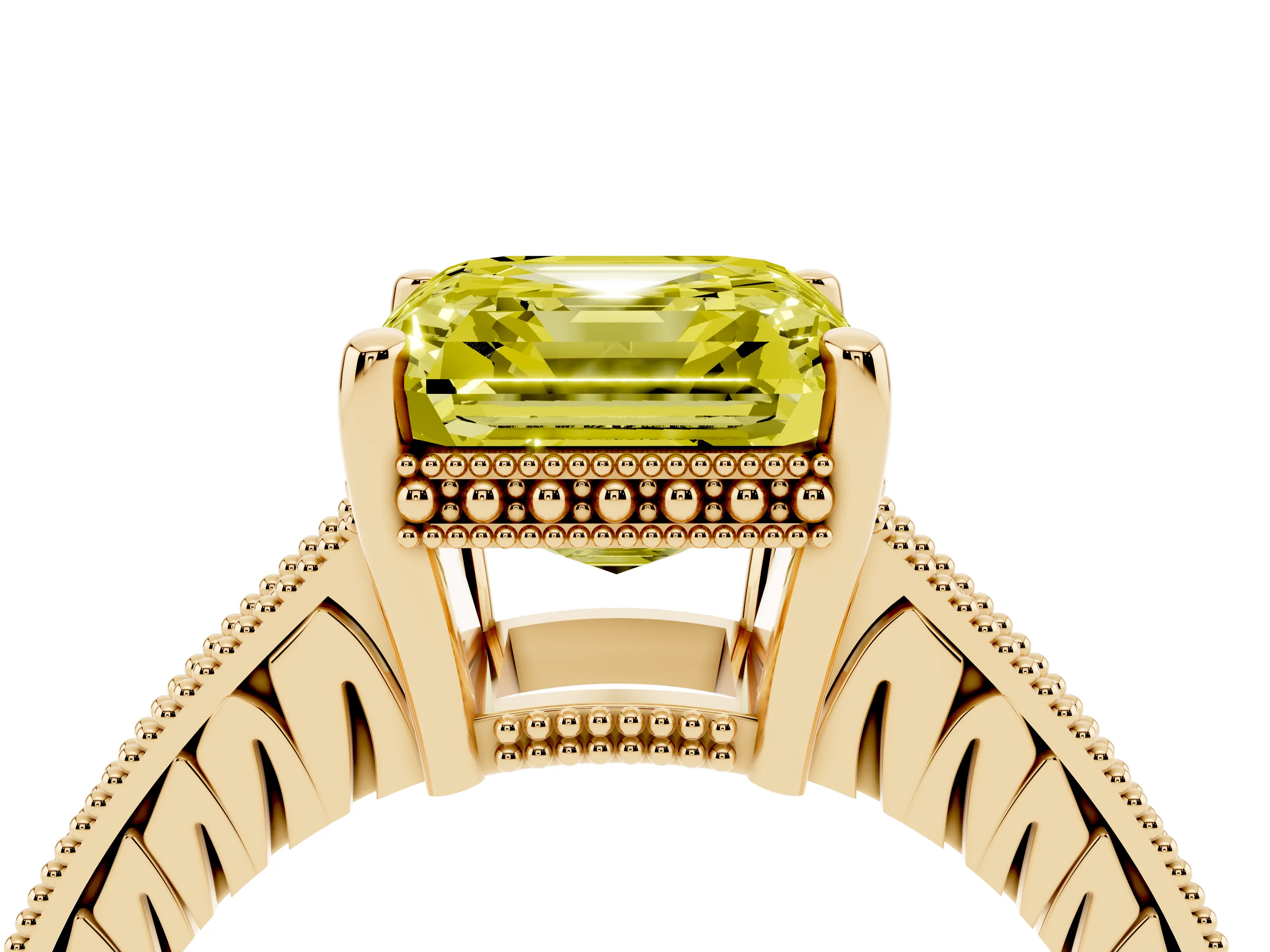 Fancy Yellow Asscher Cut Diamond Solitaire Pavé Milgrain Engagement Ring Set in Yellow gold with Prong Setting