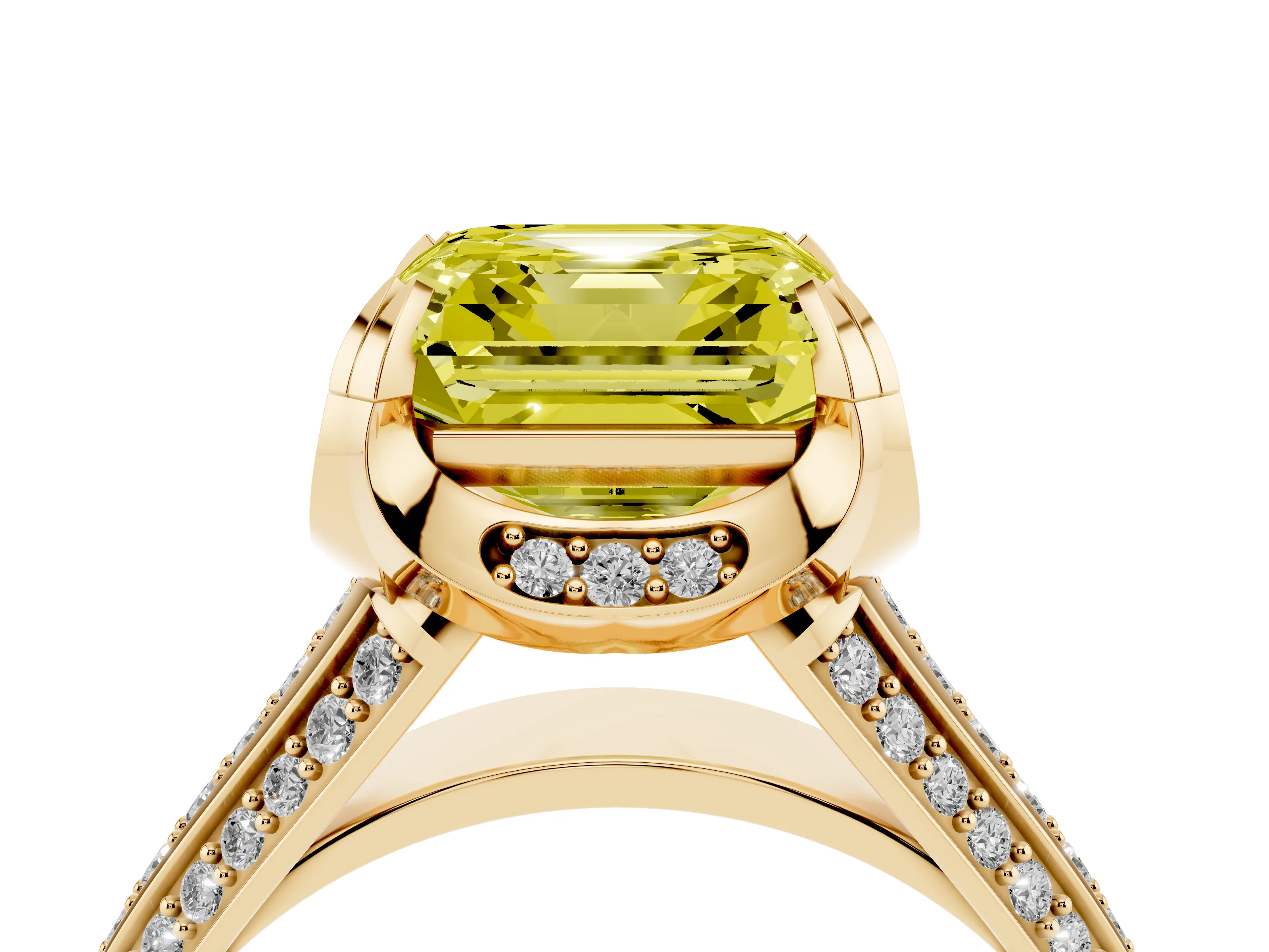 Fancy Yellow Asscher Cut Diamond Pavé Split Shank Solitaire Ring Set in Yellow gold with Prong Setting