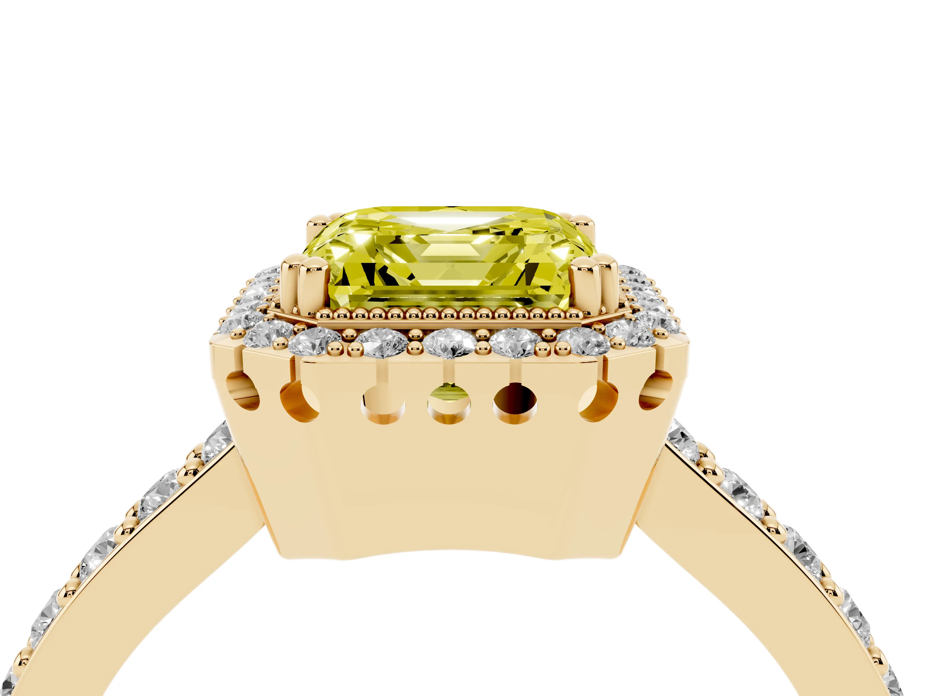 Fancy Yellow Asscher Cut Diamond Halo Engagement Ring Set in Yellow gold with Milgrain Detail and Pavé Band