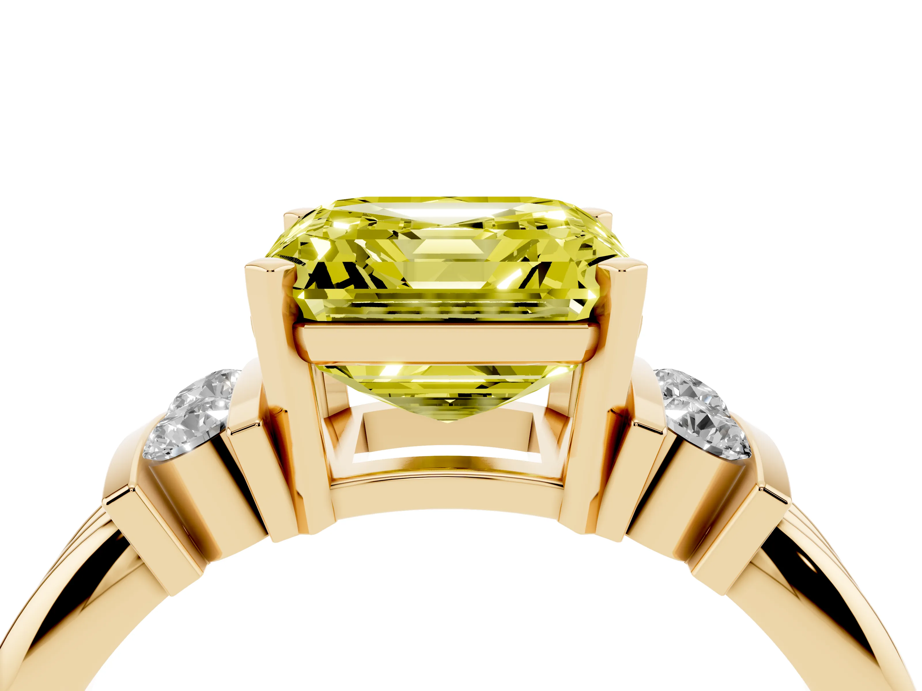 Fancy Yellow Three-Stone Asscher Cut Diamond Channel Set Ring Set in Yellow gold with Bar Prongs