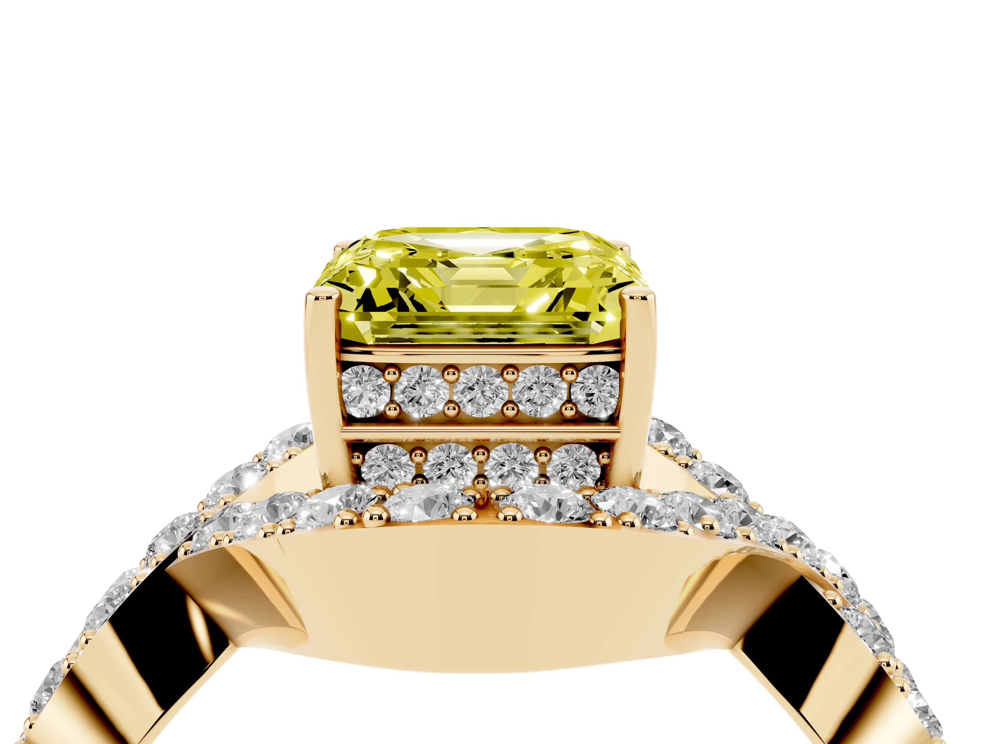 Fancy Yellow Asscher Cut Diamond Solitaire Twist Band Pavé Engagement Ring Set in Yellow gold