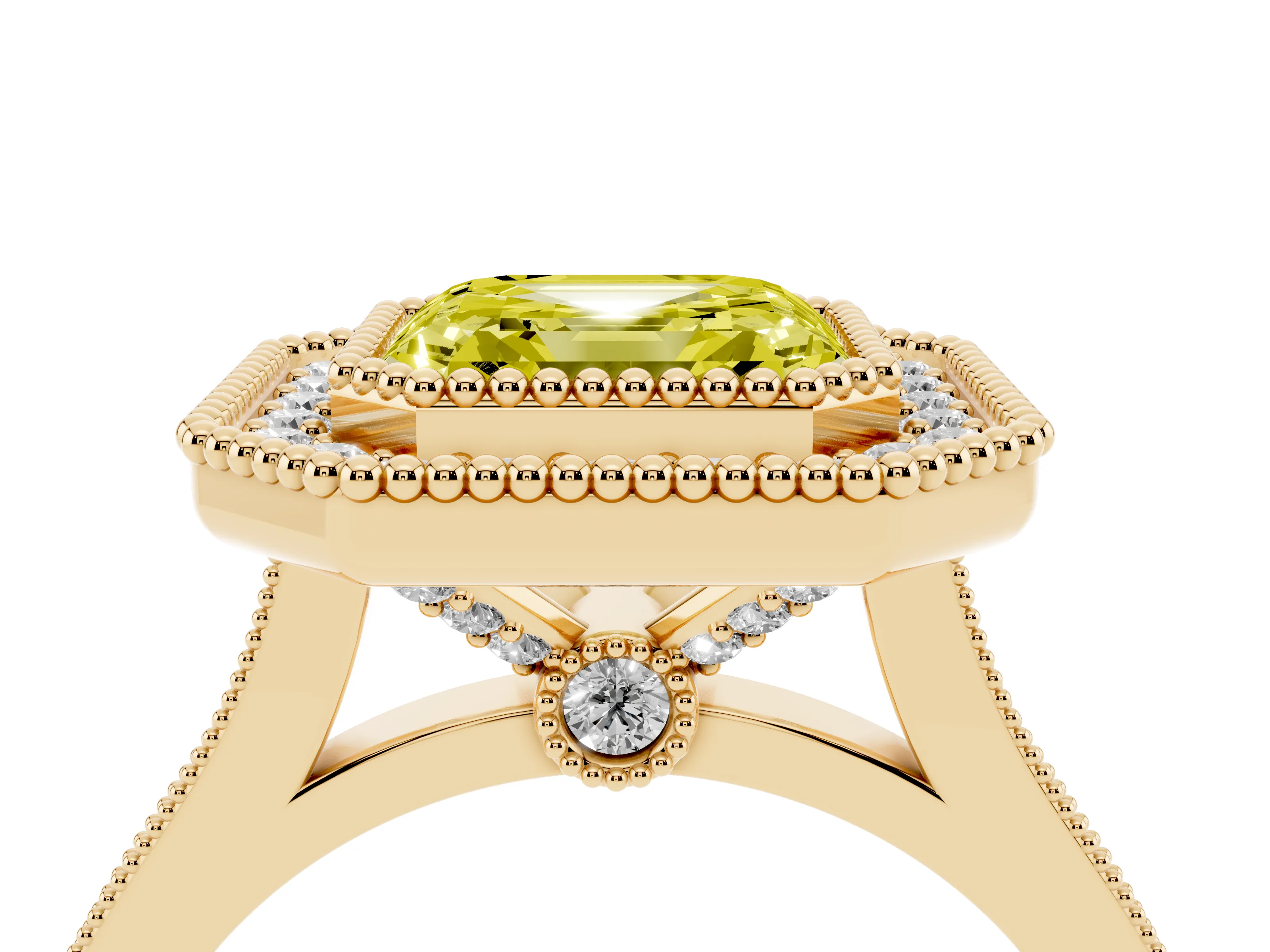 Fancy Yellow Asscher Cut Diamond Halo Ring Set in Yellow gold with Milgrain Frame and Pavé Band