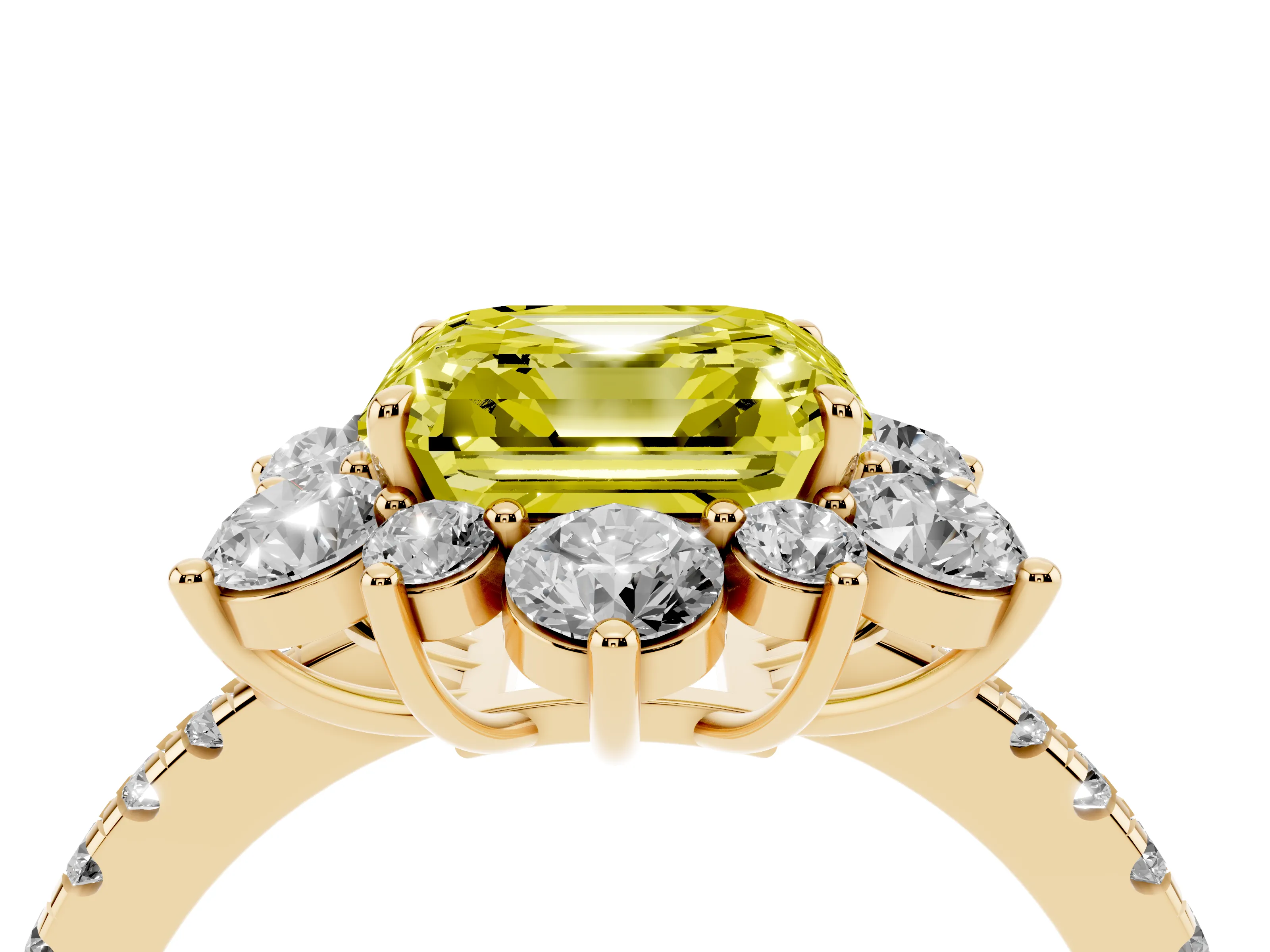 Fancy Yellow Asscher Cut Diamond Floral Halo Ring Set in Yellow gold with Round Pavé Band and Prong Setting
