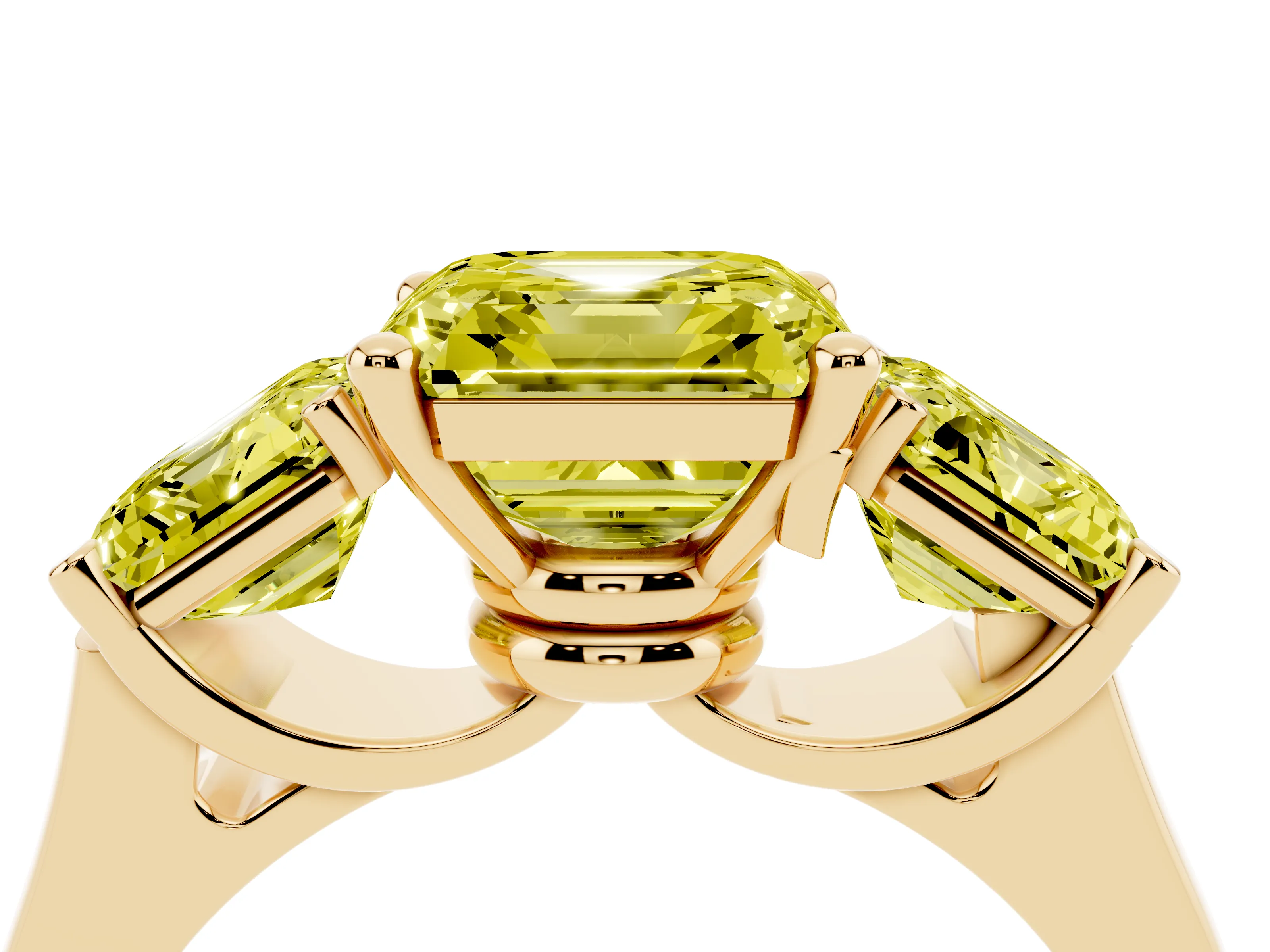 Fancy Yellow Asscher Cut Diamond Three-Stone Trellis Ring Set in Yellow gold with Comfort Fit Band