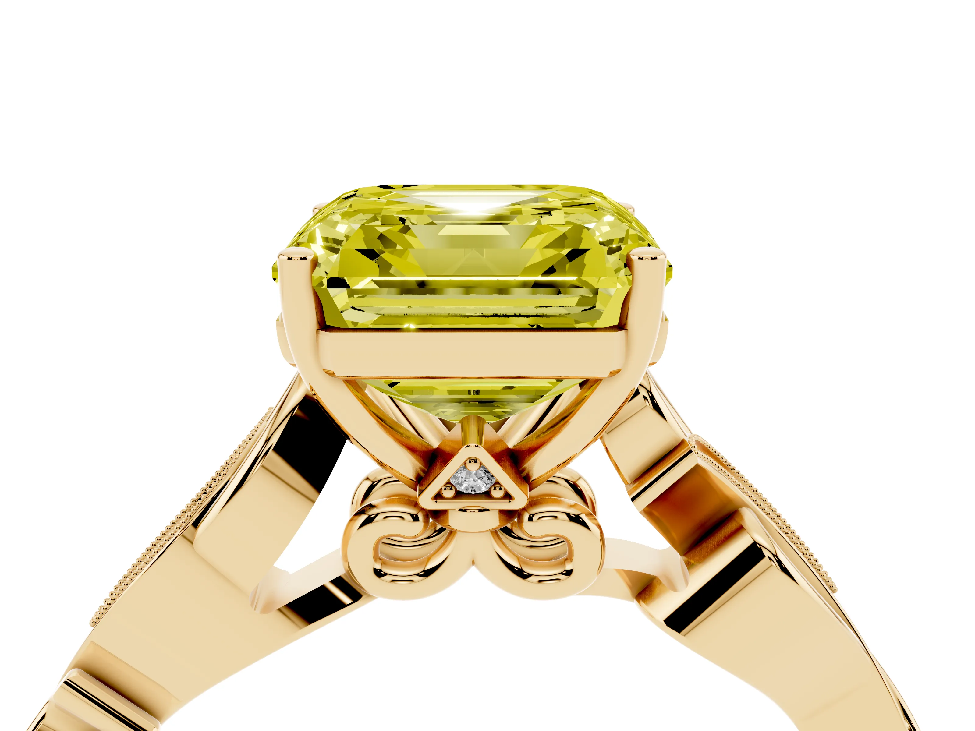 Fancy Yellow Asscher Cut Diamond Vine Band Solitaire Ring Set in Yellow gold with Milgrain Prong Setting