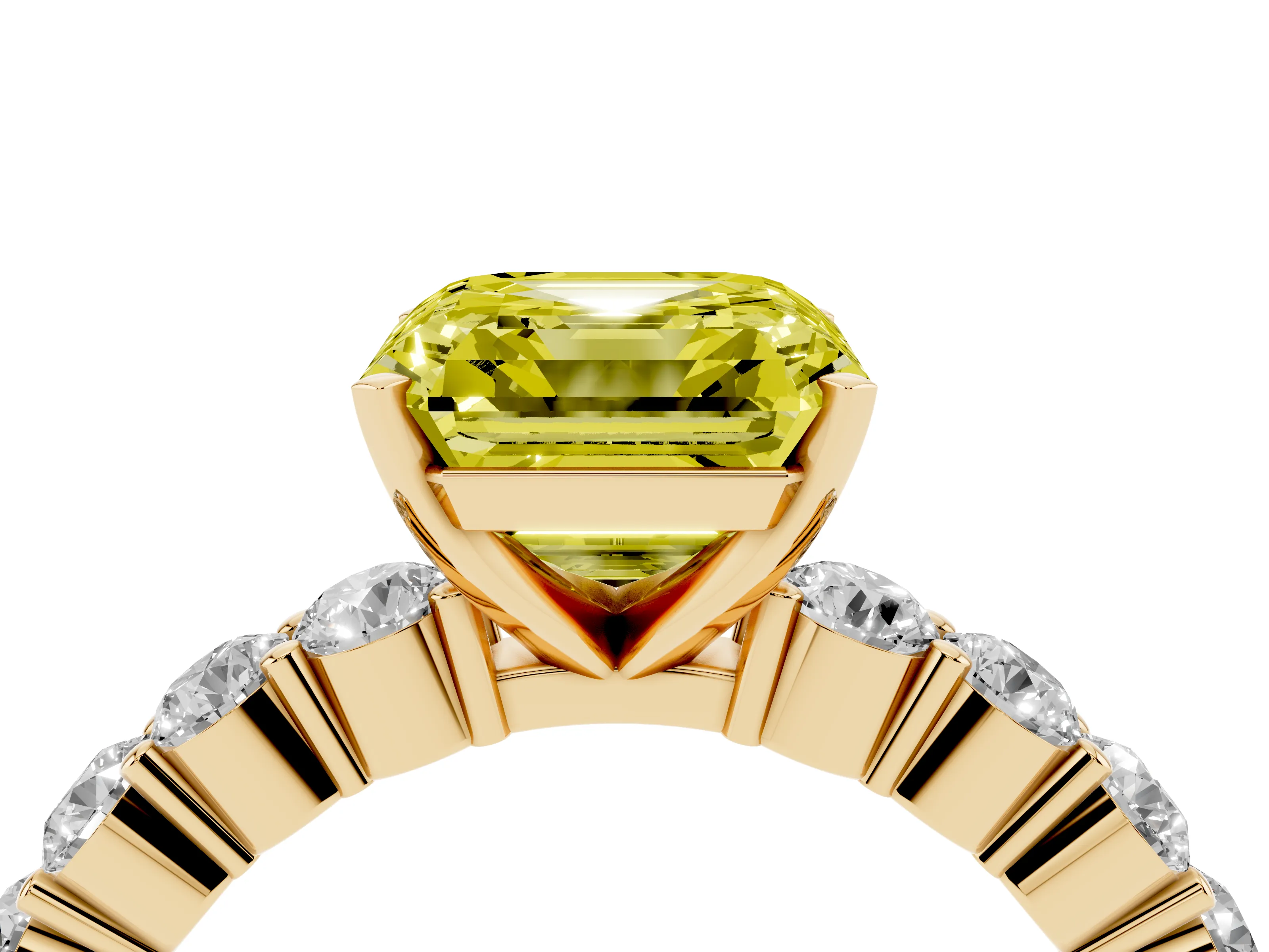Fancy Yellow Asscher Cut Diamond Solitaire Ring Set in Yellow gold with Shared Prong Round Side Stones
