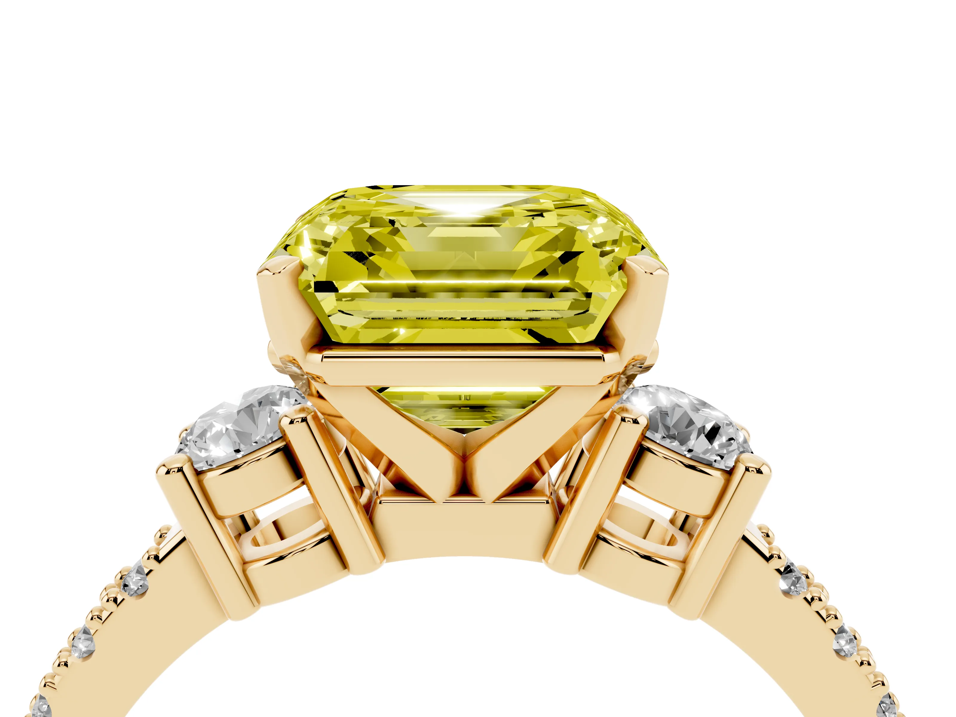 Fancy Yellow Three-Stone Asscher Cut Diamond Pavé Band Ring Set in Yellow gold with Prong Setting