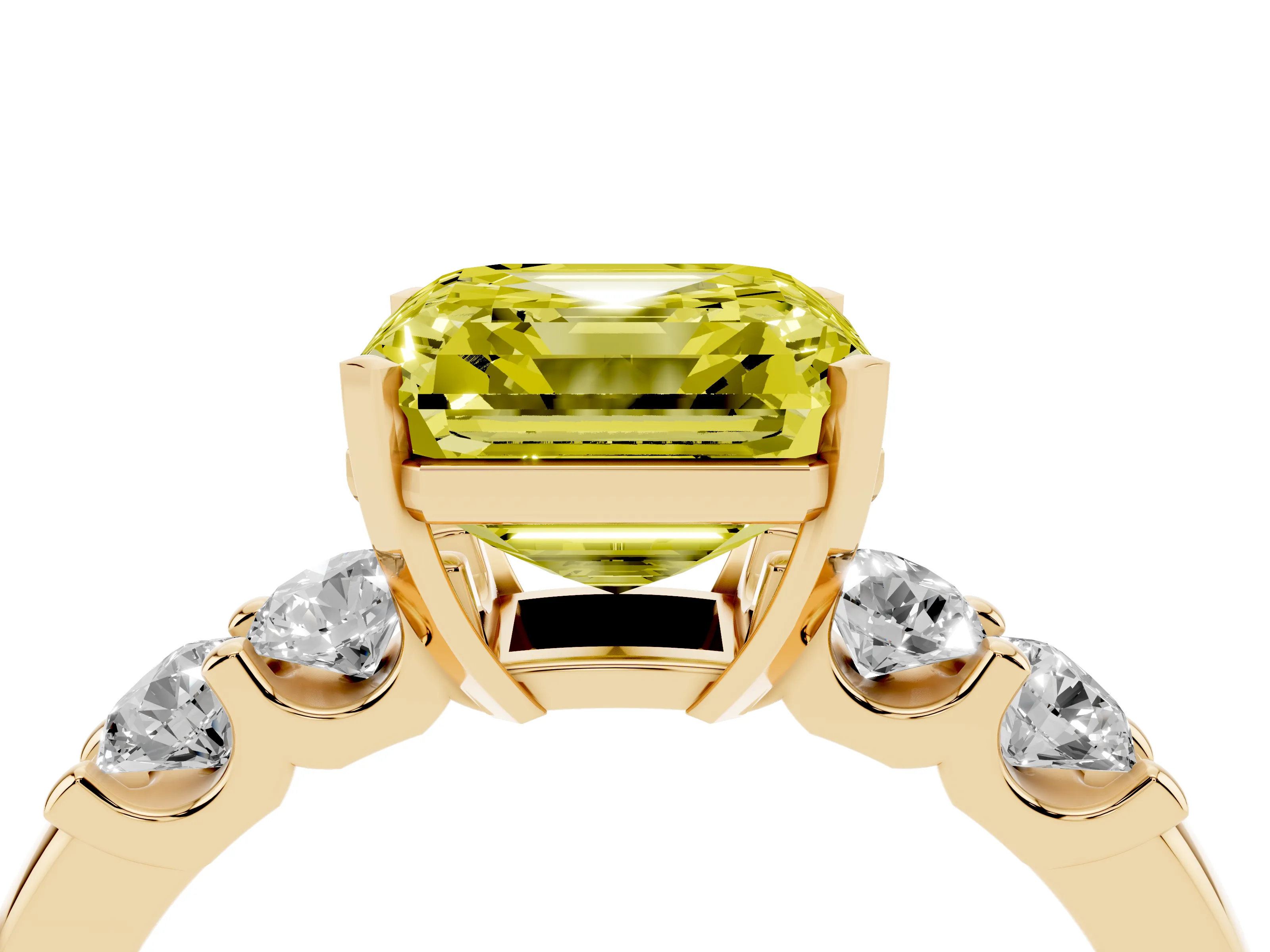 Fancy Yellow Asscher Cut Diamond Five-Stone Prong Set Engagement Ring Set in Yellow gold with Channel Band