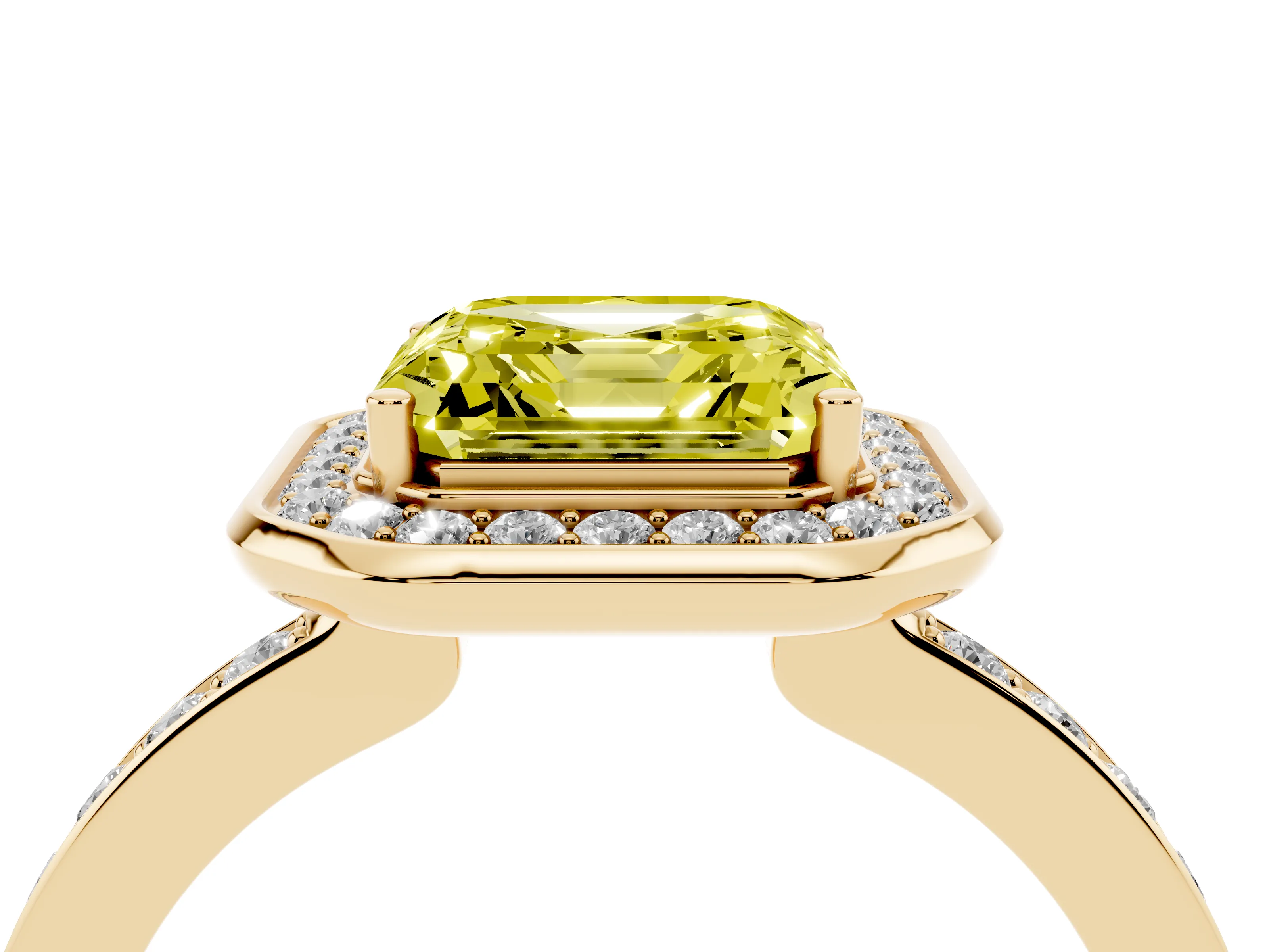 Fancy Yellow Asscher Cut Diamond Halo Ring Set in Yellow gold with Bezel Frame and Pavé Band