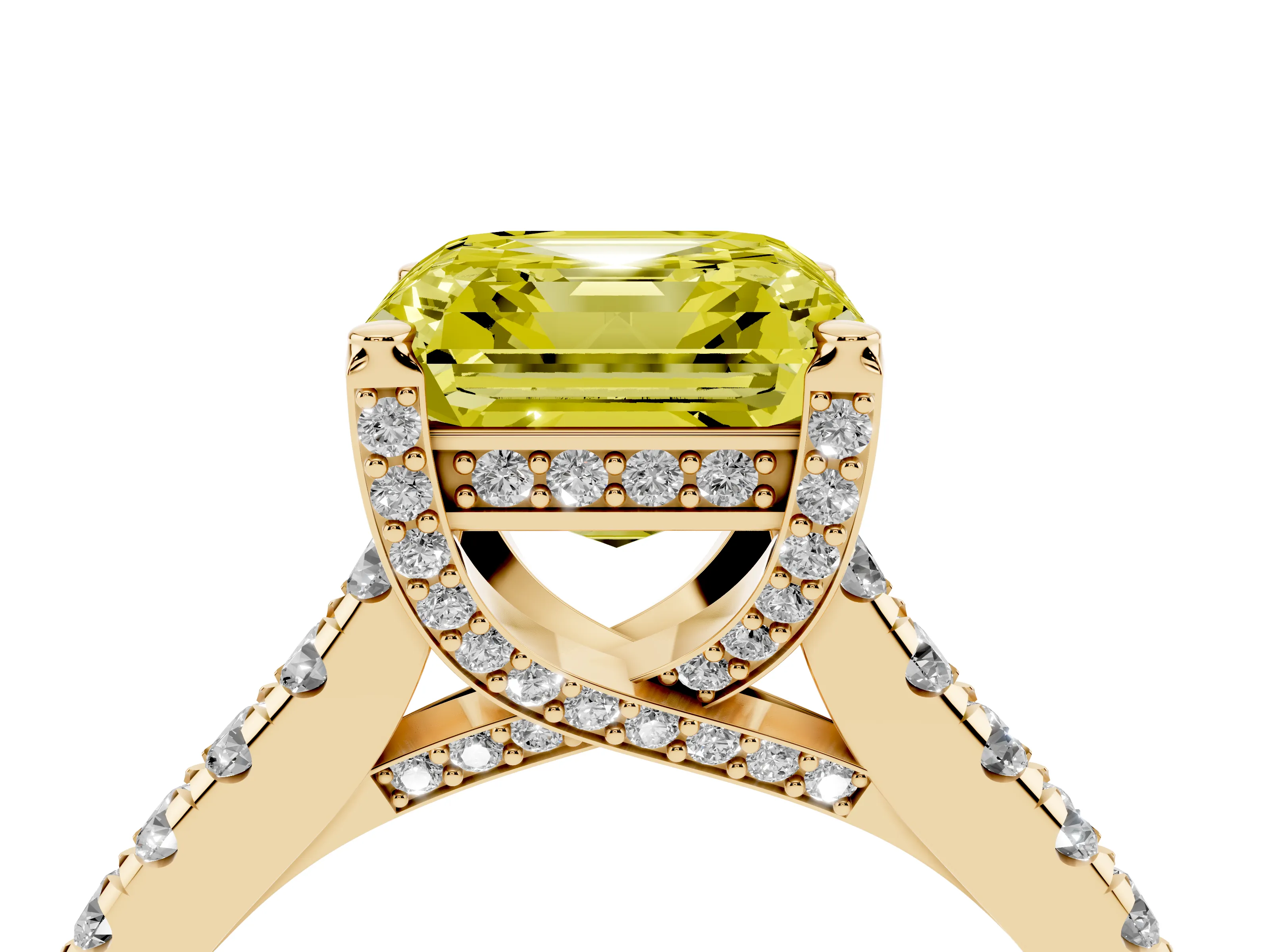 Fancy Yellow Asscher Cut Diamond Solitaire Ring Set in Yellow gold with Brilliant Pavé Band and Prong Setting