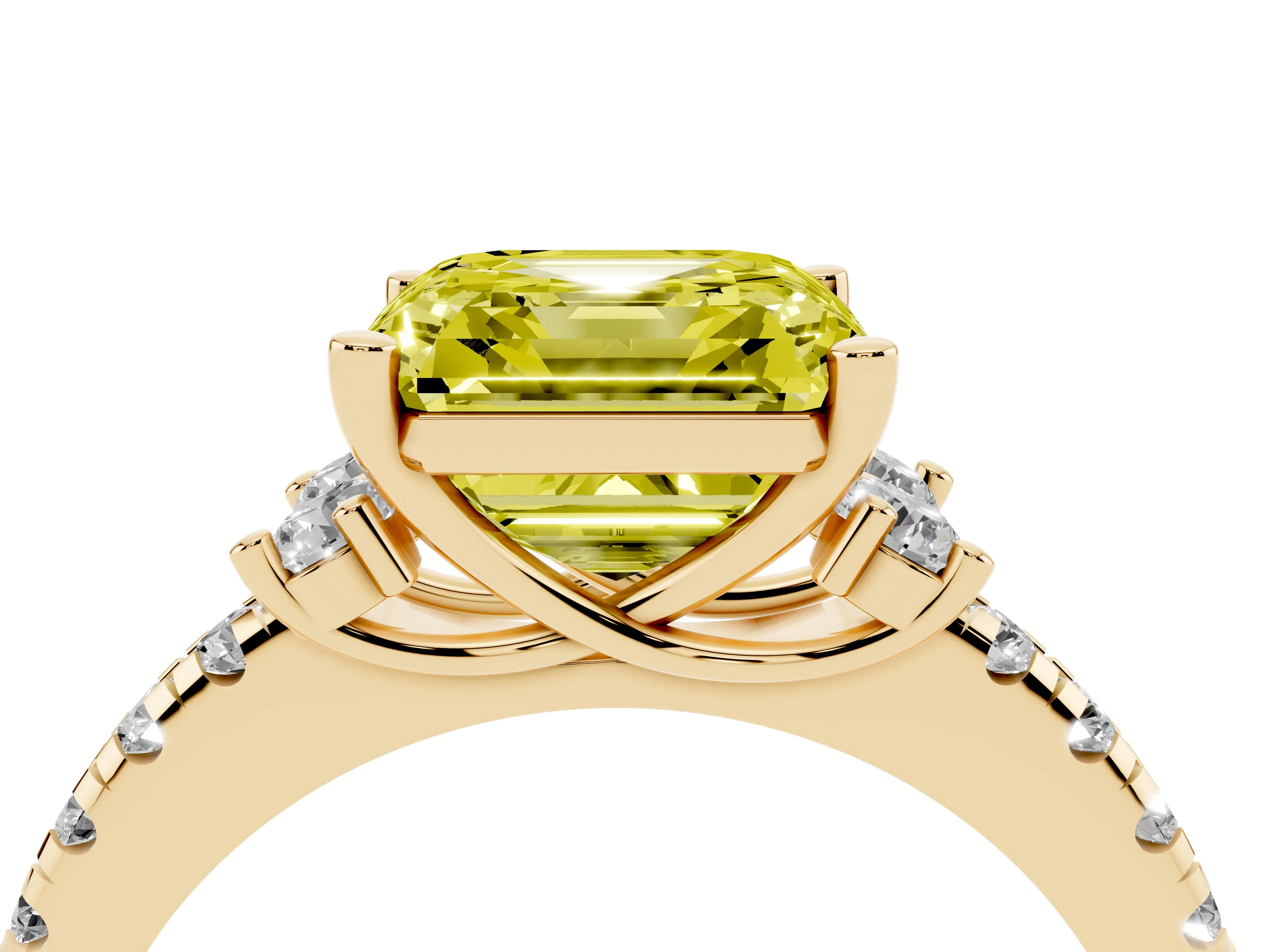 Fancy Yellow Asscher Cut Diamond Three-Stone Pavé Ring Set in Yellow gold with Prong Setting