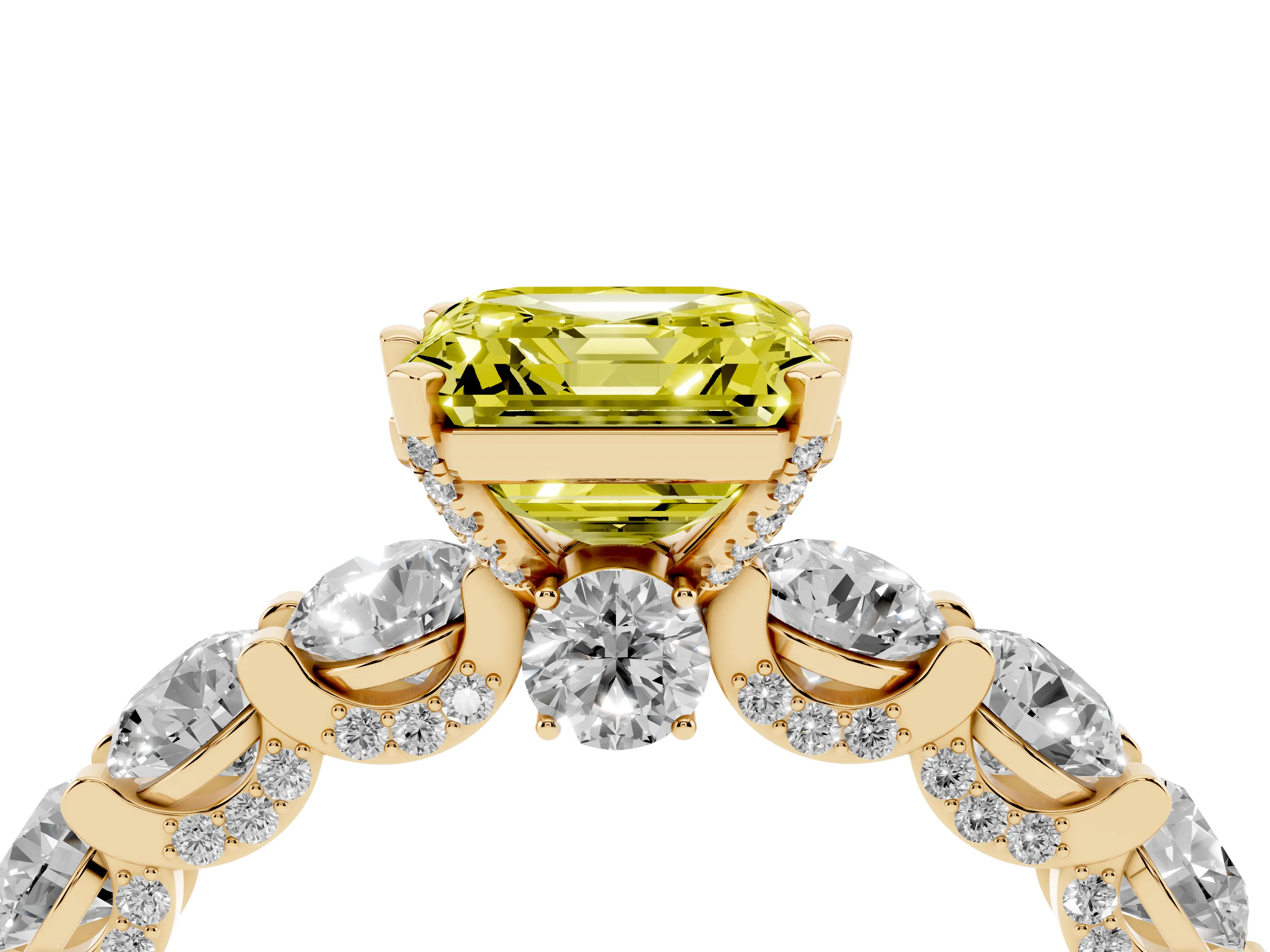 Fancy Yellow Asscher Cut Diamond Side Stone Ring Set in Yellow gold with Alternating Round and Oval Side Stones