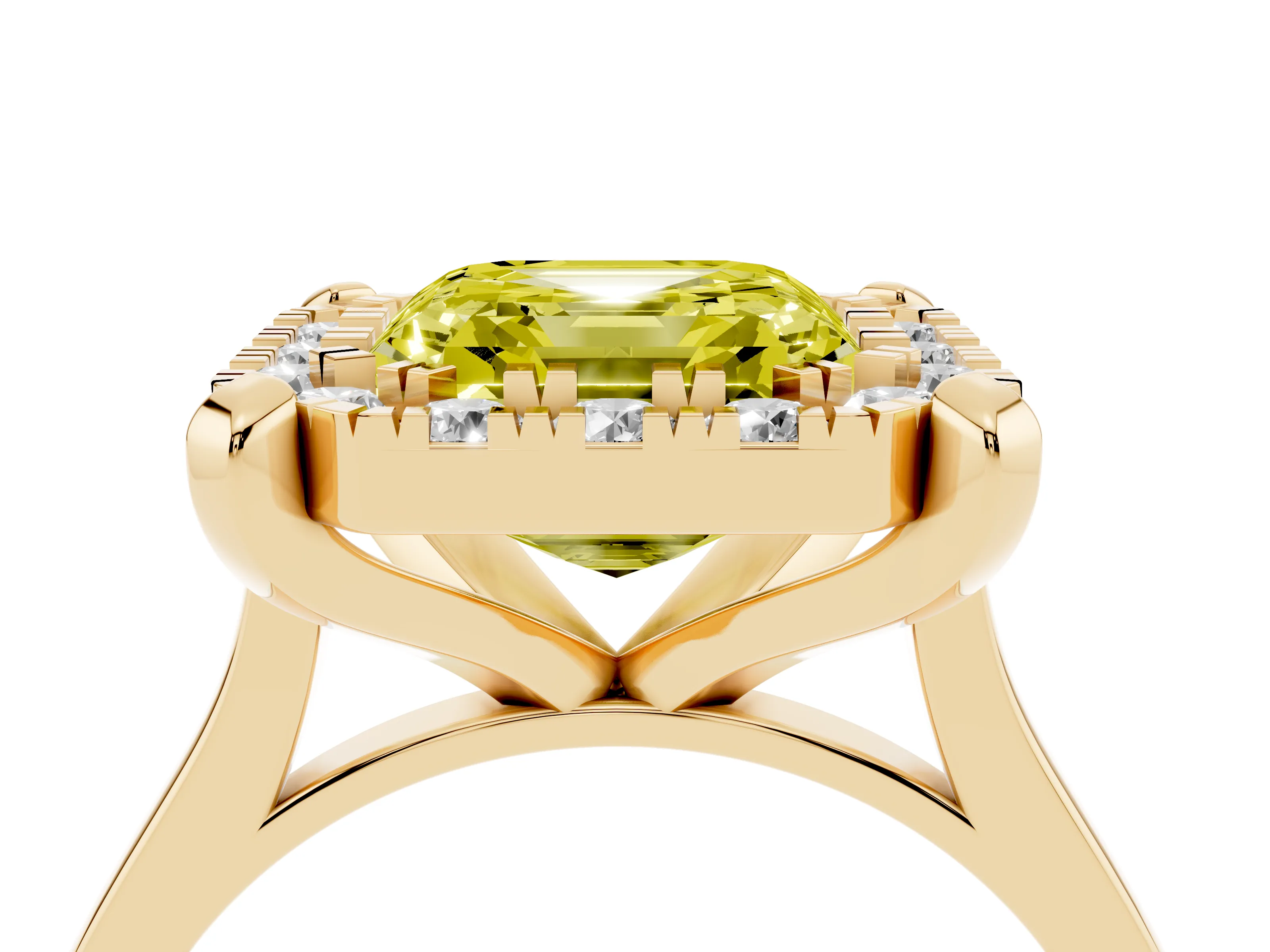 Fancy Yellow Asscher Cut Diamond Cluster Halo Solitaire Ring Set in Yellow gold with Prong Setting