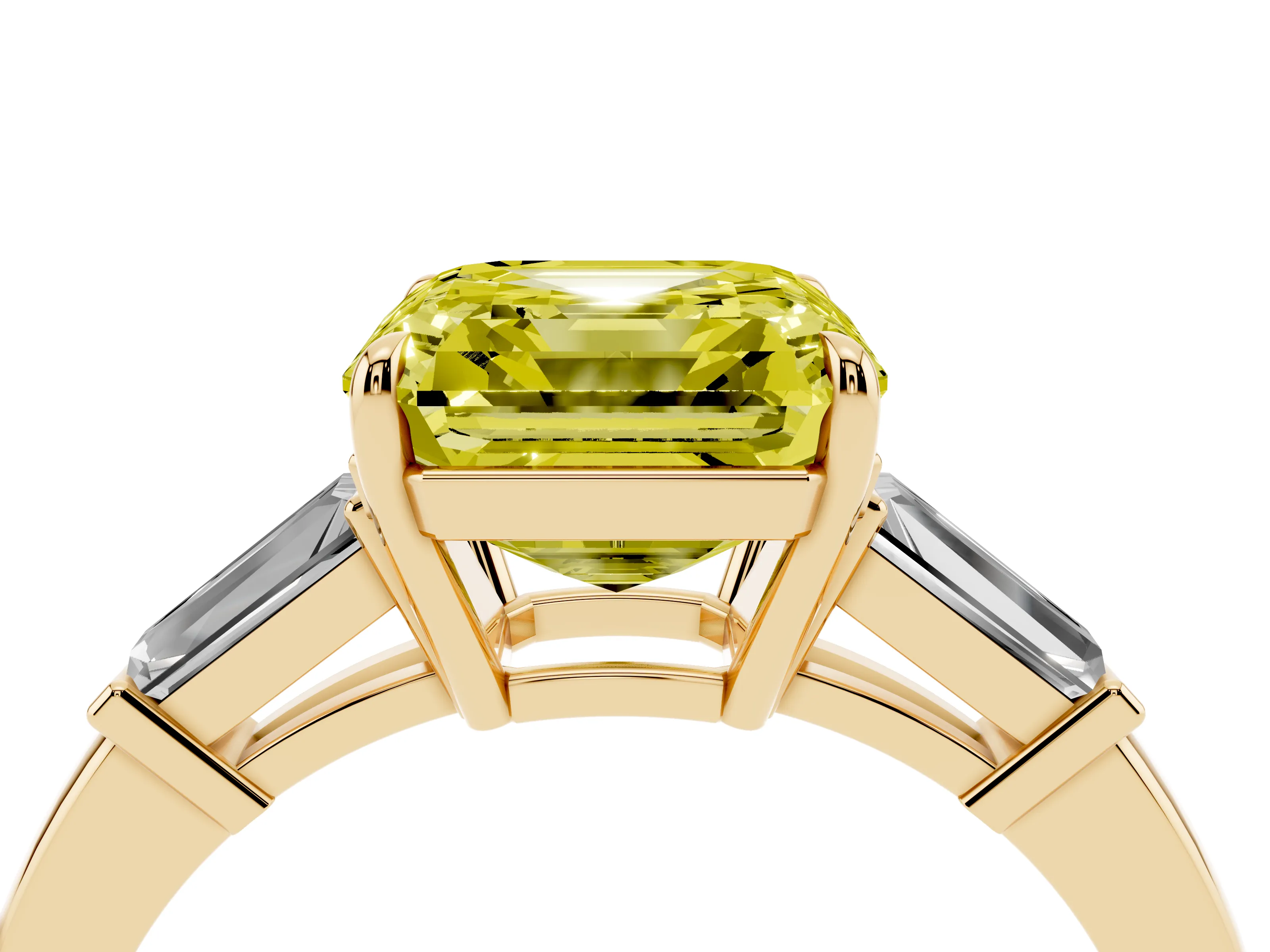 Fancy Yellow Asscher Cut Diamond Three-Stone Ring Set in Yellow gold with Tapered Baguette Side Stones and Prong Setting